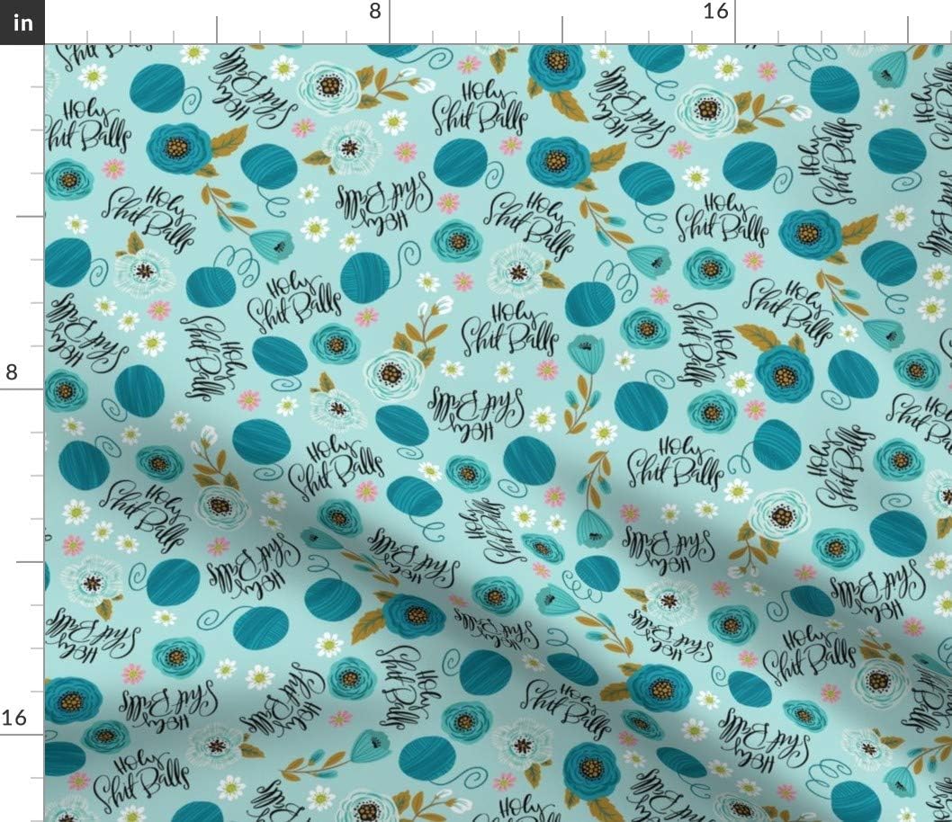 Spoonflower Fabric - Balls Ball Knitting Yarn Blue Flowers Floral Peony Pretty Swear Curse Printed on Petal Signature Cotton Fabric by The Yard - Sewing Quilting Apparel Crafts Decor