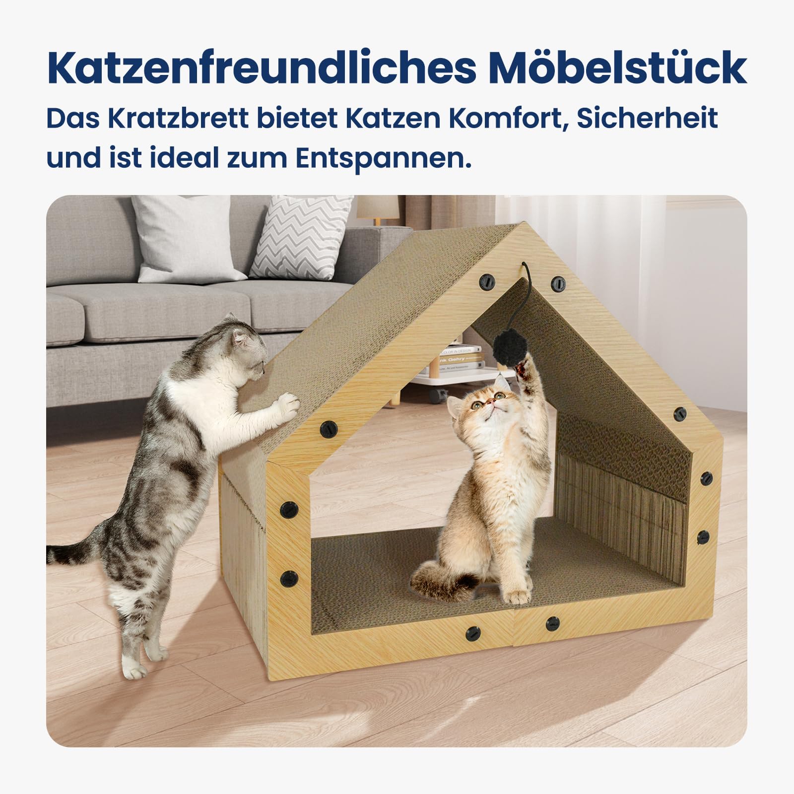 Kratzpappe für Katzen Groß XXL mit Ball, Hausform Kratzbretter Katze, Betten, Kratzspielzeug & Kratzmöbel aus Hochwertiger Wellpapier, 40x30x40cm