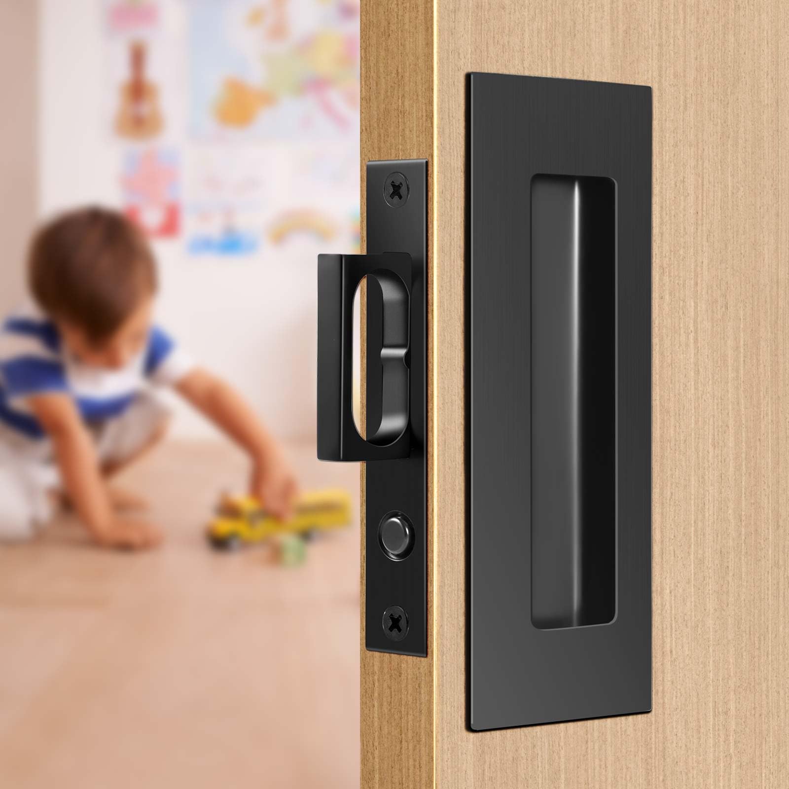 6 INCH Sliding Pocket Door Handles, 304 Stainless Steel Non Locking Pocket Door Hardware, Recessed Flush Finger Pulls, Heavy Duty Edge Pull with Pop Out Ring Pull (Black) (Black)