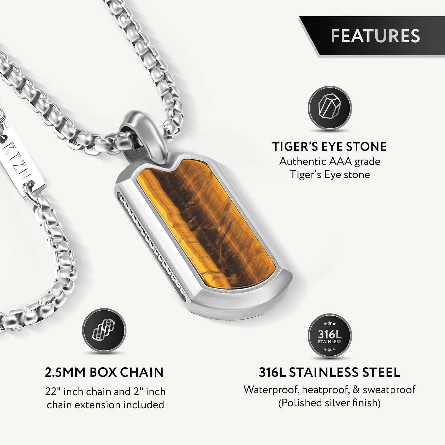 RTZN® Tiger Eye Necklace for Men – Premium Artisan Tiger Eye Pendant Necklace with Stainless Steel Box Chain 22" Inch + 2" Extension