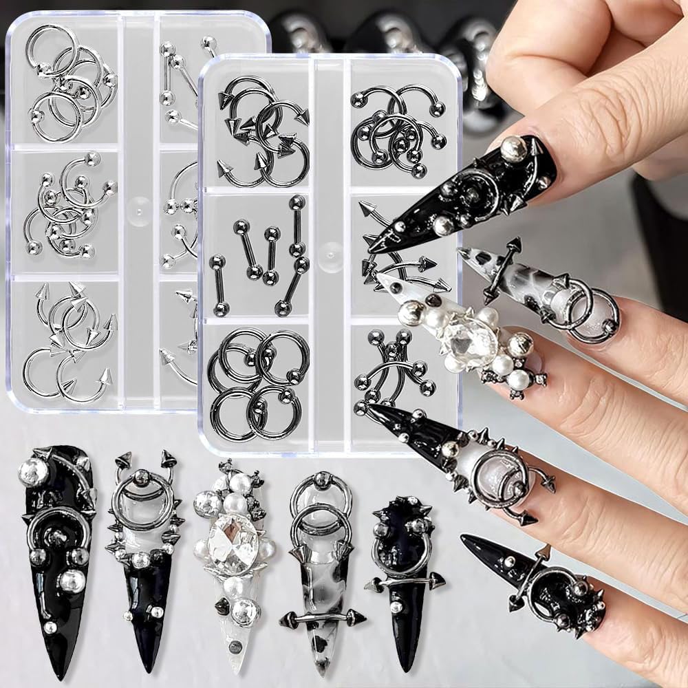 60pcs 3D Perforable Rivets Halloween Nail Art Charms, 2 Boxes Metal Piercing Jewelry Goth Nail Charms Silver Black Alloy Nose Piercings Nails Supplies Punk Charms for Nails Design Manicure Accessories