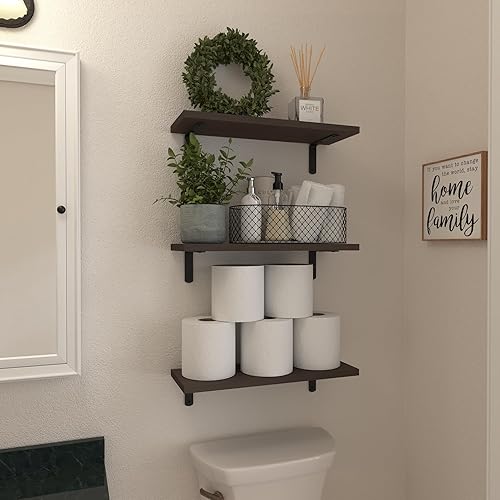 Miniatura 4 de WOPITUES Juego de 6 estantes flotantes de madera, estantes para decoración de pared, estante de granja para dormitorio, estantes de almacenamiento