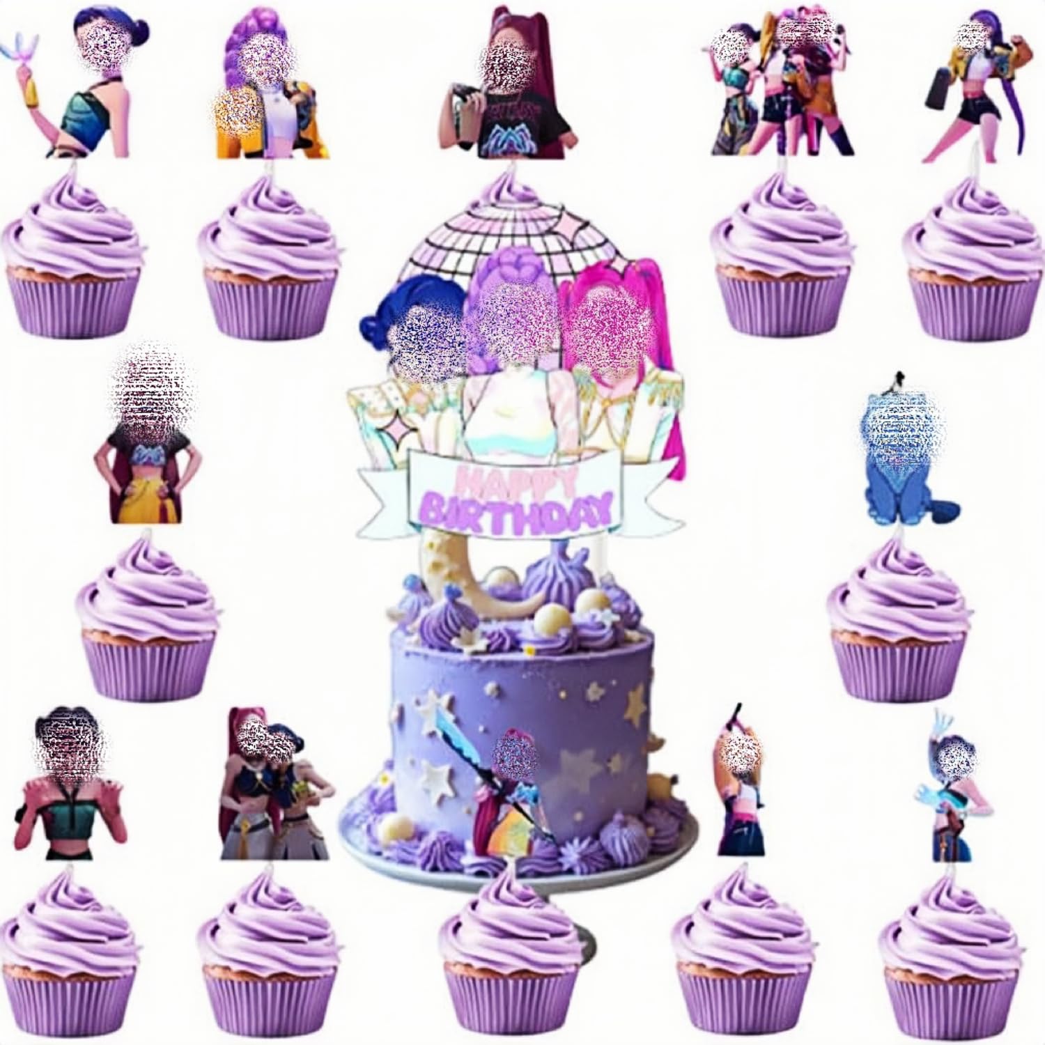 25pcs K Pop CakeDecorations,Cute Cartoon Happy Birthday Cake Toppers Set with 24Pcs Cupcake Toppers,1Pcs Happy Birthday Cake Topper,Movies Themed Birthday Party Supplies,Perfect for Party Decorations â image 1