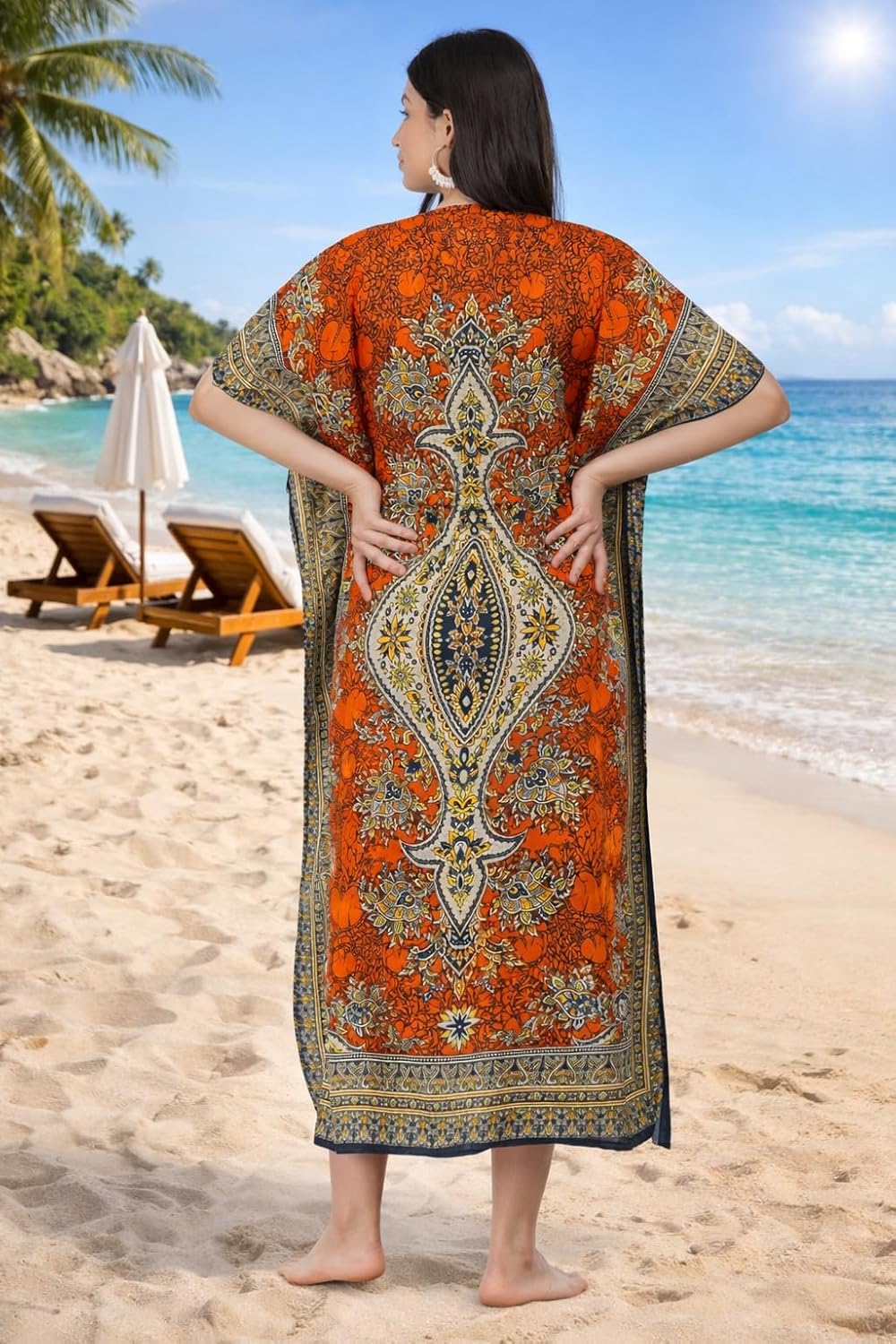LAPSHA'S Women's Kaftan Dress Beach Cover Up Tribal Ethnic Print Plus Size Loose Kimono Maxi Dress - Image 3