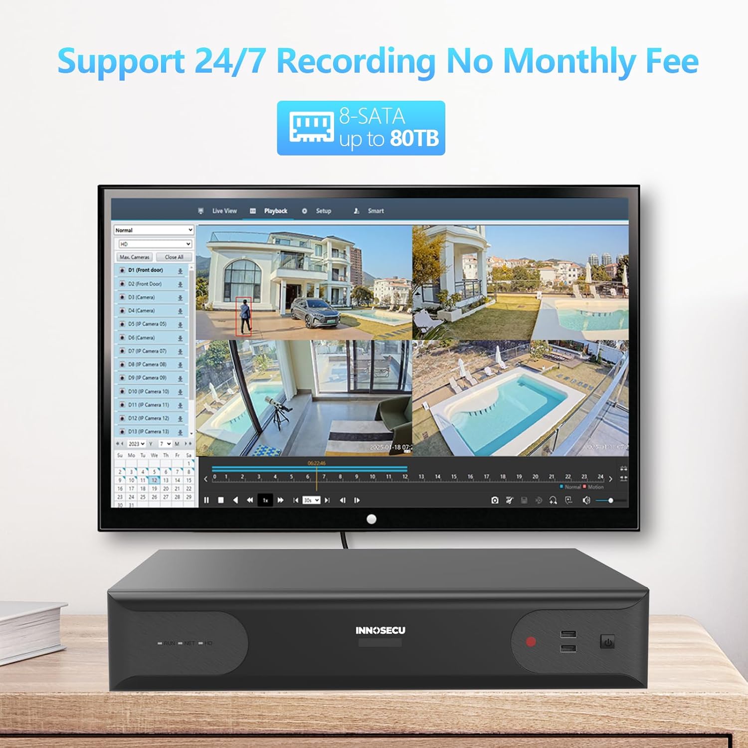 32MP 64 Channel 4K AI NVR, Network Video Recorder Resolution Up to 32MP, Face Detection, Human/Vehicle Detection, 7/24 Recording, 8-SATA up to 80TB (No HDD) (No PoE Ports Included) IN864P00