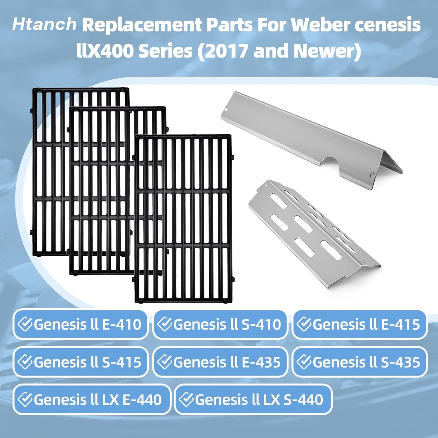 Cast Iron Cooking Grids with Stainless Steel Flavorizer Bars for Weber Genesis II 400 Series,66089 66097 Grill Parts Replacement for Genesis II S-410,S-440,E-410,S-440,S-435,E-435, LX E-440