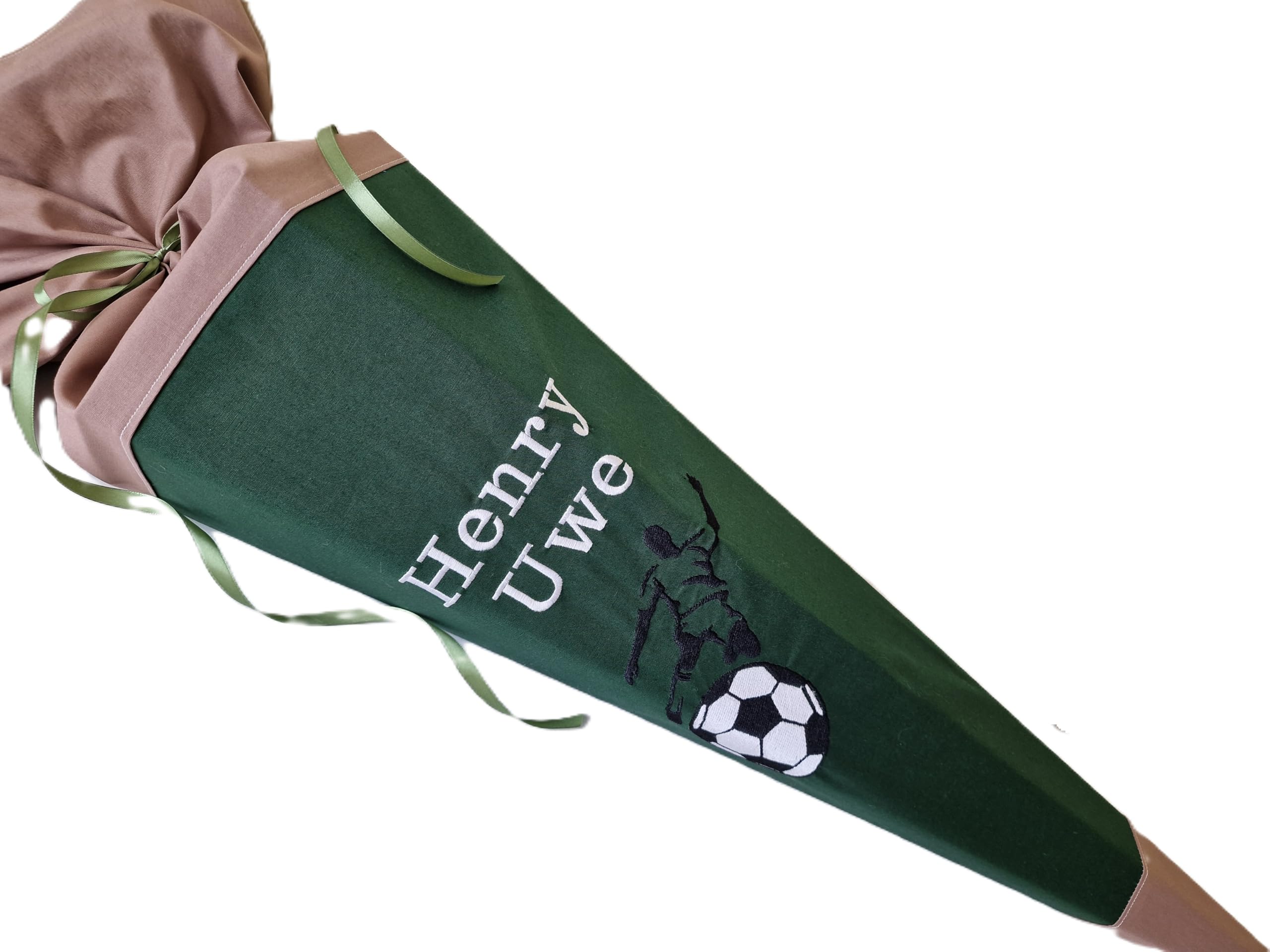 Schultüte aus Stoff, personalisiert mit Name und Datum, Fussballspieler, Unisex, grün, 70 cm, Jungen