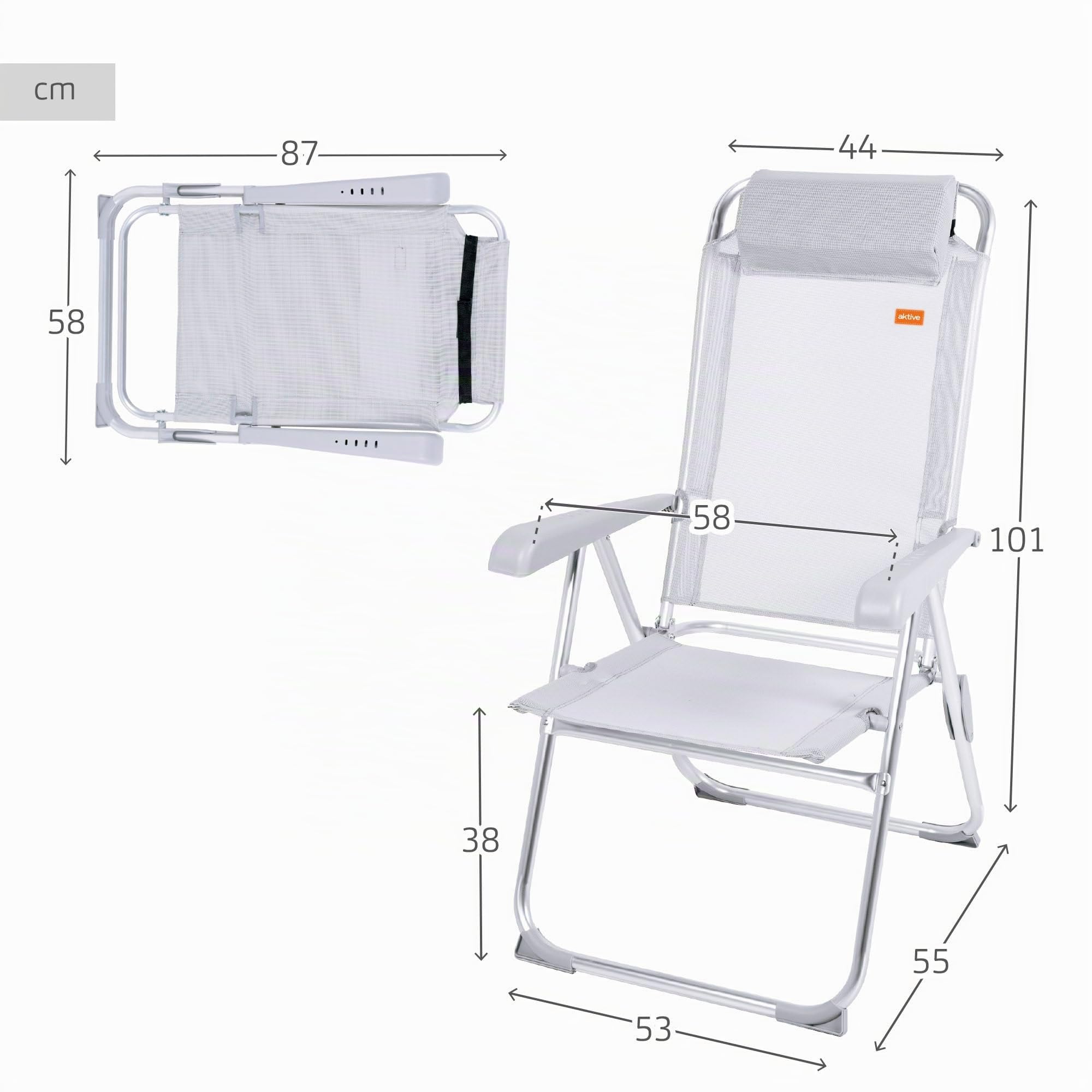 Aktive 63028 - Sedia pieghevole reclinabile a 5 posizioni, Antiribaltamento, Con cuscino, schienale alto e braccioli, Resistente: Portata massima 110 kg