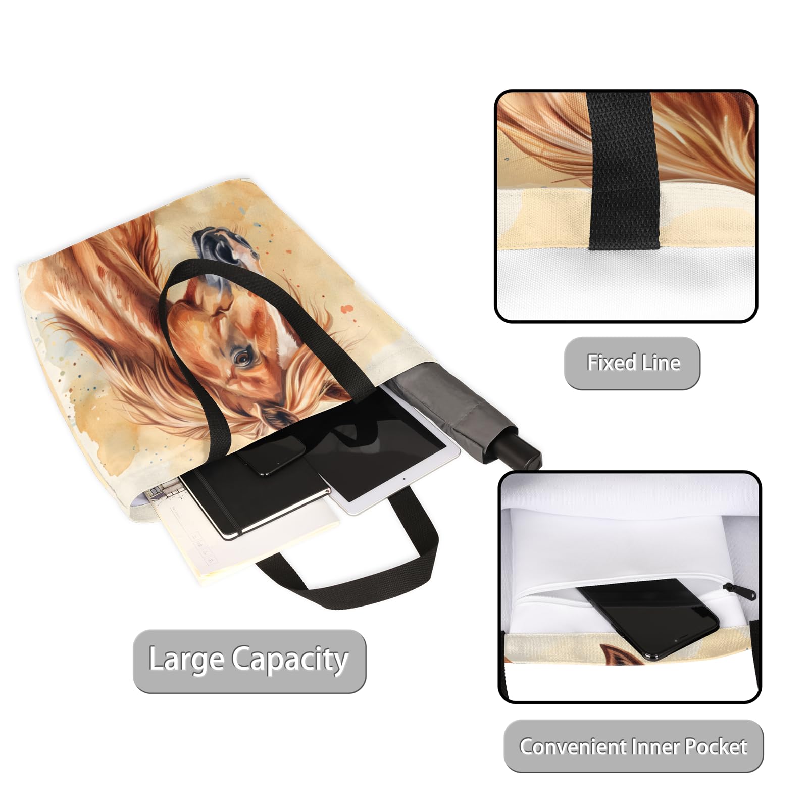 Mularoka Watercolour Horse Large Capacity Canvas Tote Bag Stylish Handheld Shoulder Bag Reusable Shopping Bag for Work Travel Beach Trips Shopping