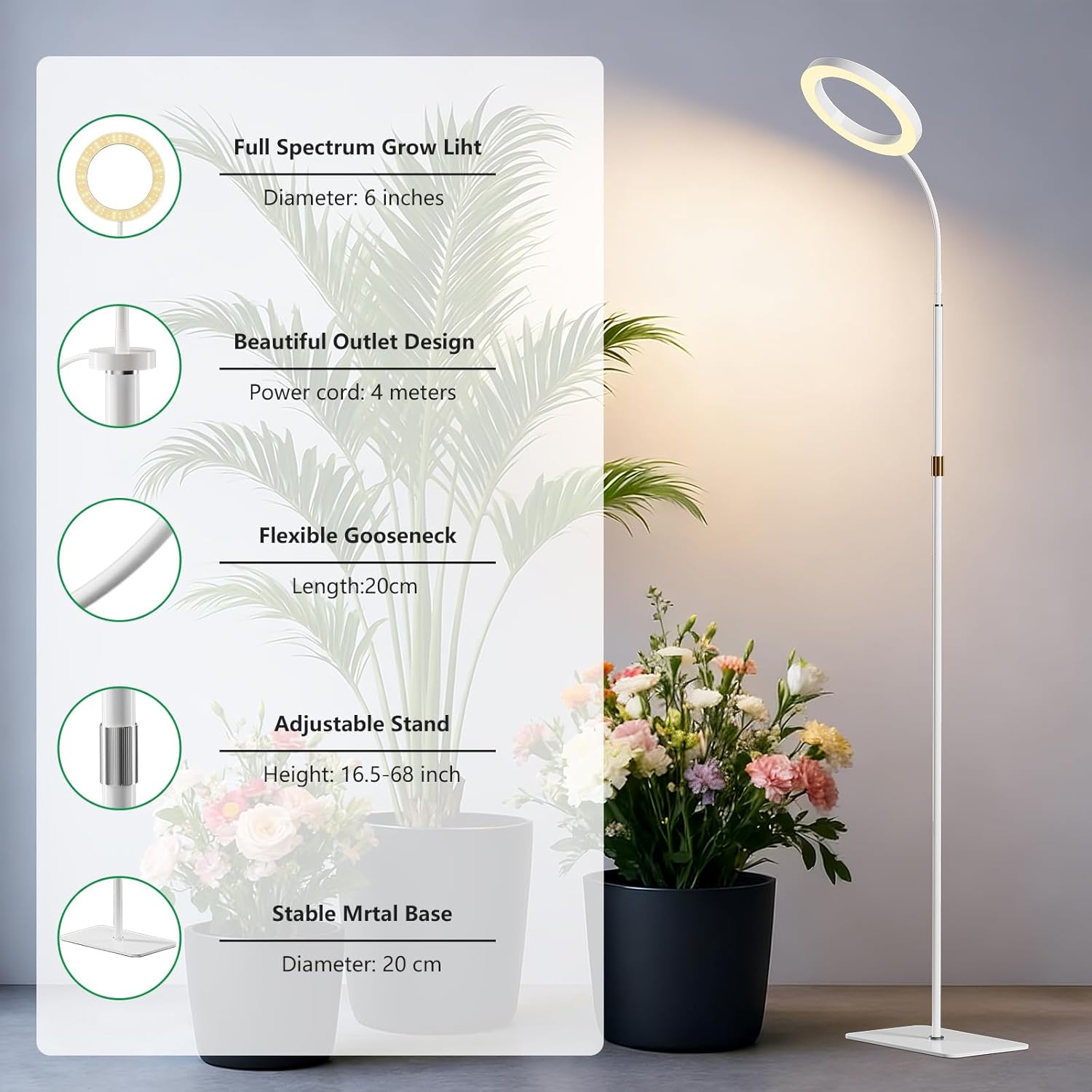 SDOVUERC Full Spectrum Grow Light with Stand for Indoor Plants, Floor Plant Light, 6/12/18H Timer, 3 Color Modes, Adjustable Height 16.5–68in, for Large Plants & Home Décor(1 Head,White)
