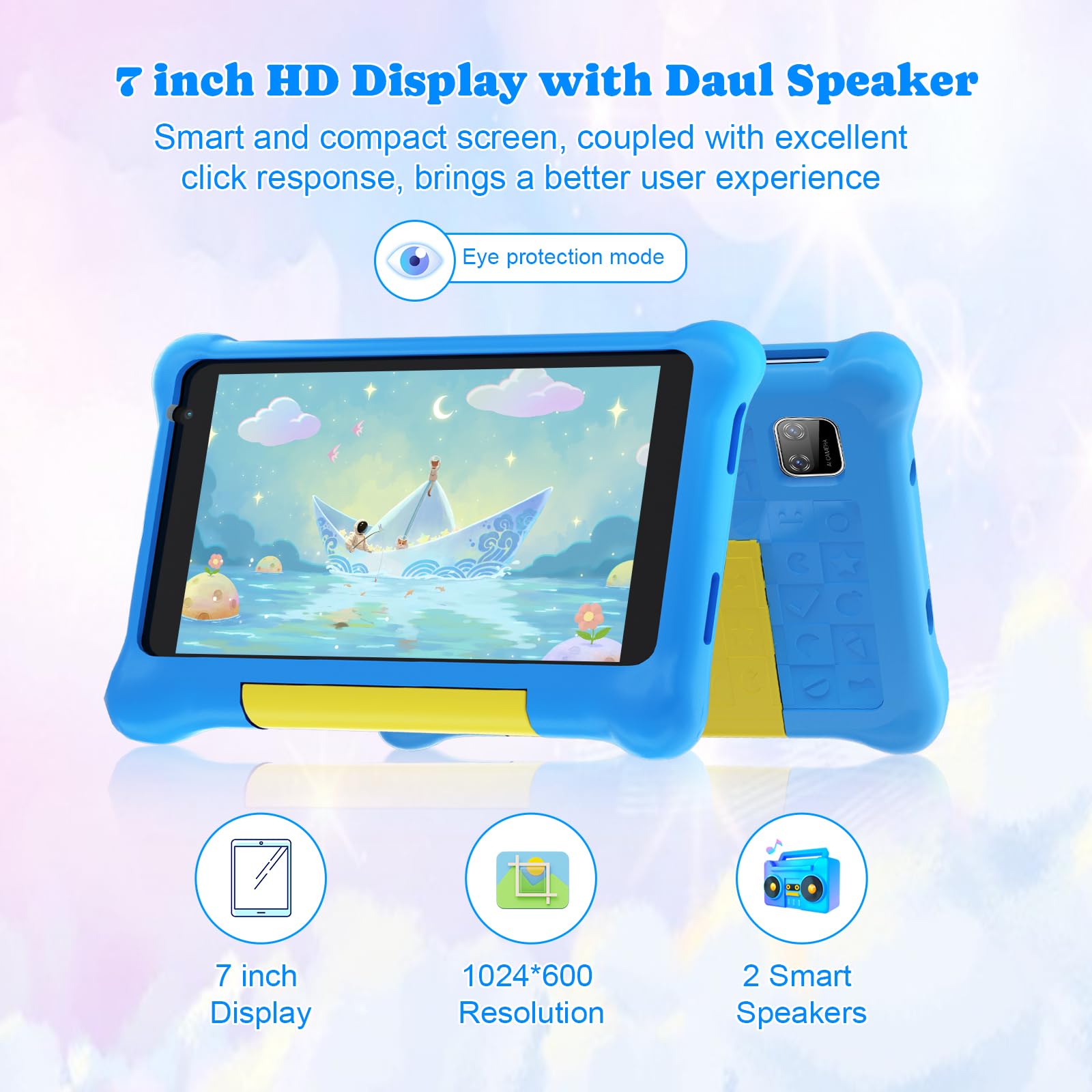 Tablette Enfants 7 Pouces Android 13 5GB RAM 32GB ROM TF 128GB Contrôle Parental WiFi Bluetooth Kid-Proof Étui Bleu