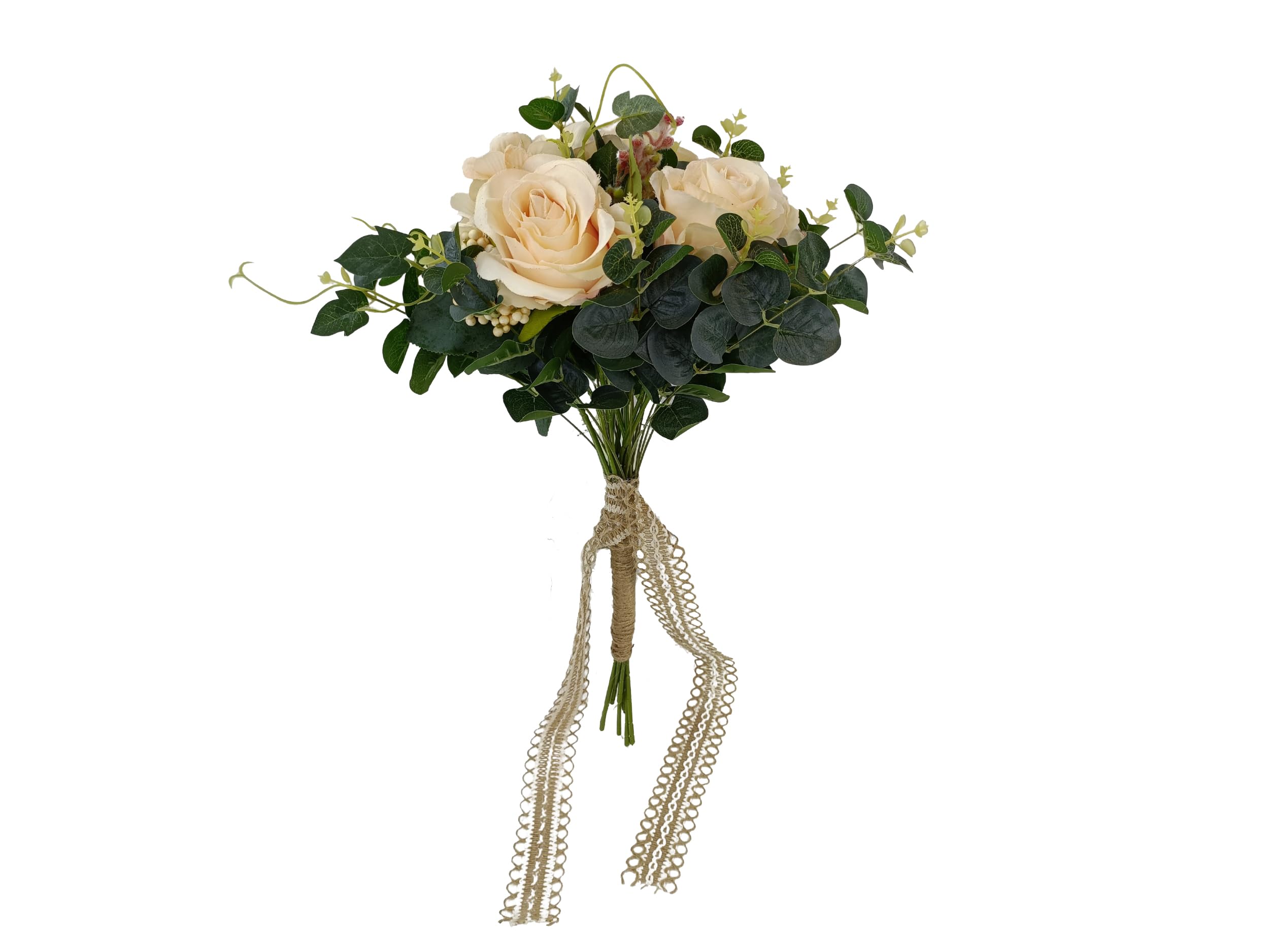 Bouquet de mariée beige haut de gamme avec roses artificielles réalistes 56 cm