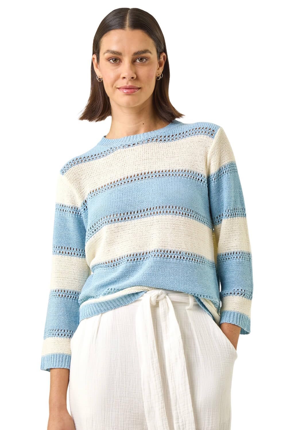 Roman Women's Light Stripe Knit Jumper in Light Blue | Size: 20