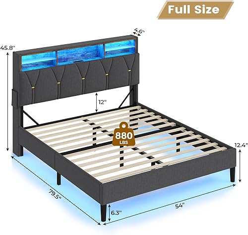 Miniatura 31 de BTHFST Base de cama de tamaño matrimonial con luces LED y estación de carga, marco de cama LED tamaño matrimonial con almacenamiento de cabecero,