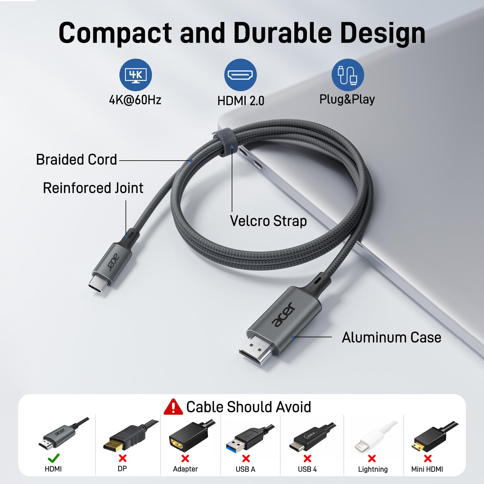 Acer USB C to HDMI Cable for Home Office 6.6FT (4K@60Hz), Thunderbolt 4/3 Compatible, High-Speed Type C to HDMI 2.0 Braided Cord for MacBook Neo, iPhone 17/16 Pro/Max, iPad Pro, Galaxy S25, Surface thumbnail 8