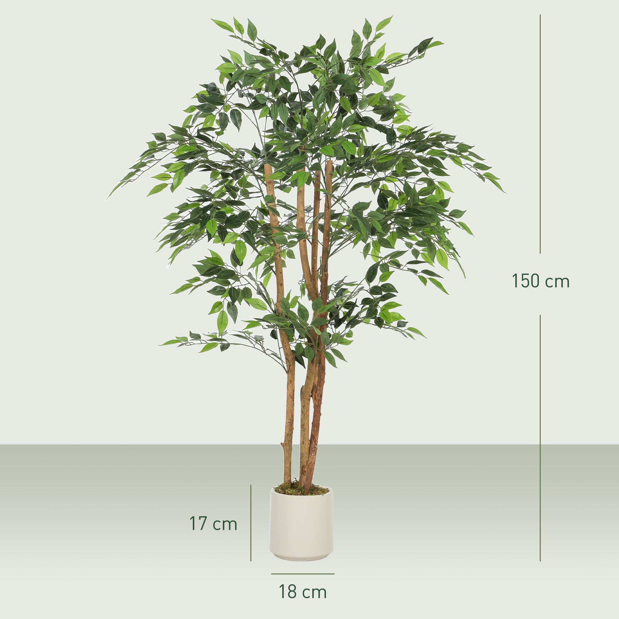 HOMCOM Pianta Artificiale di Baniano con Rami Orientabili e Vaso Contenitore Bianco in PP e Cemento, Pianta Verde in PEVA e Legno, per Interno, Ufficio, Soggiorno, Camera da Letto, 65x65x150 cm