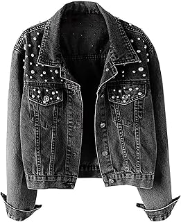 Women Loose Embroidered Pearls Beading Cropped Denim Jacket Jean Coat