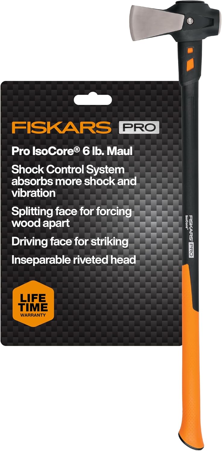Fiskars Pro IsoCore Splitting Maul and Stainless Steel Axe, Wood Splitting Maul, IsoCore Shock Reduction & Forged Steel Head, 6 lb, 36”, Black/Orange