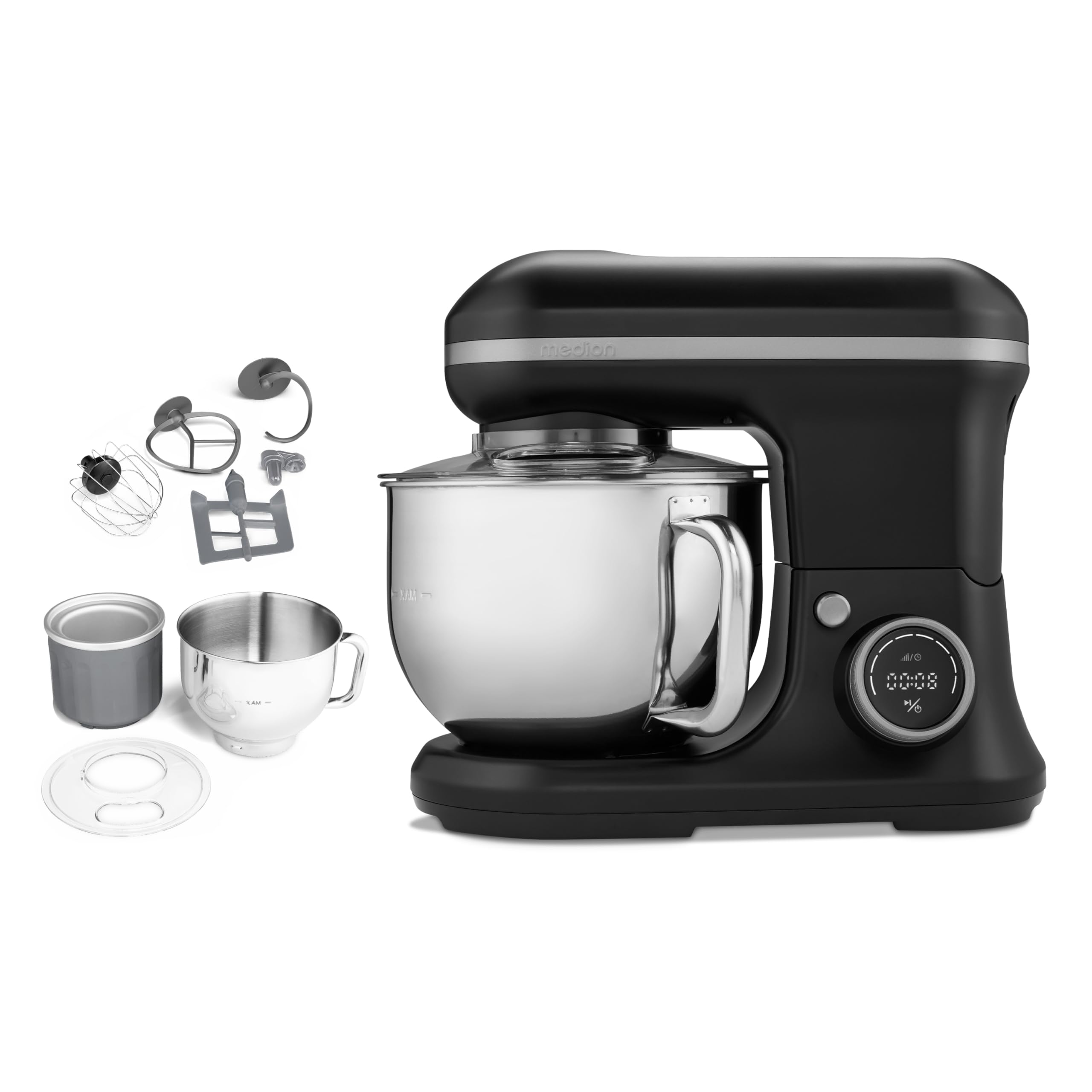 MEDION Robot da cucina (1.200 watt, 8 impostazioni, miscelare impastare mescolare, display digitale, ciotola in acciaio inox da 5 litri, ciotola per la preparazione del gelato, MD18420) nero