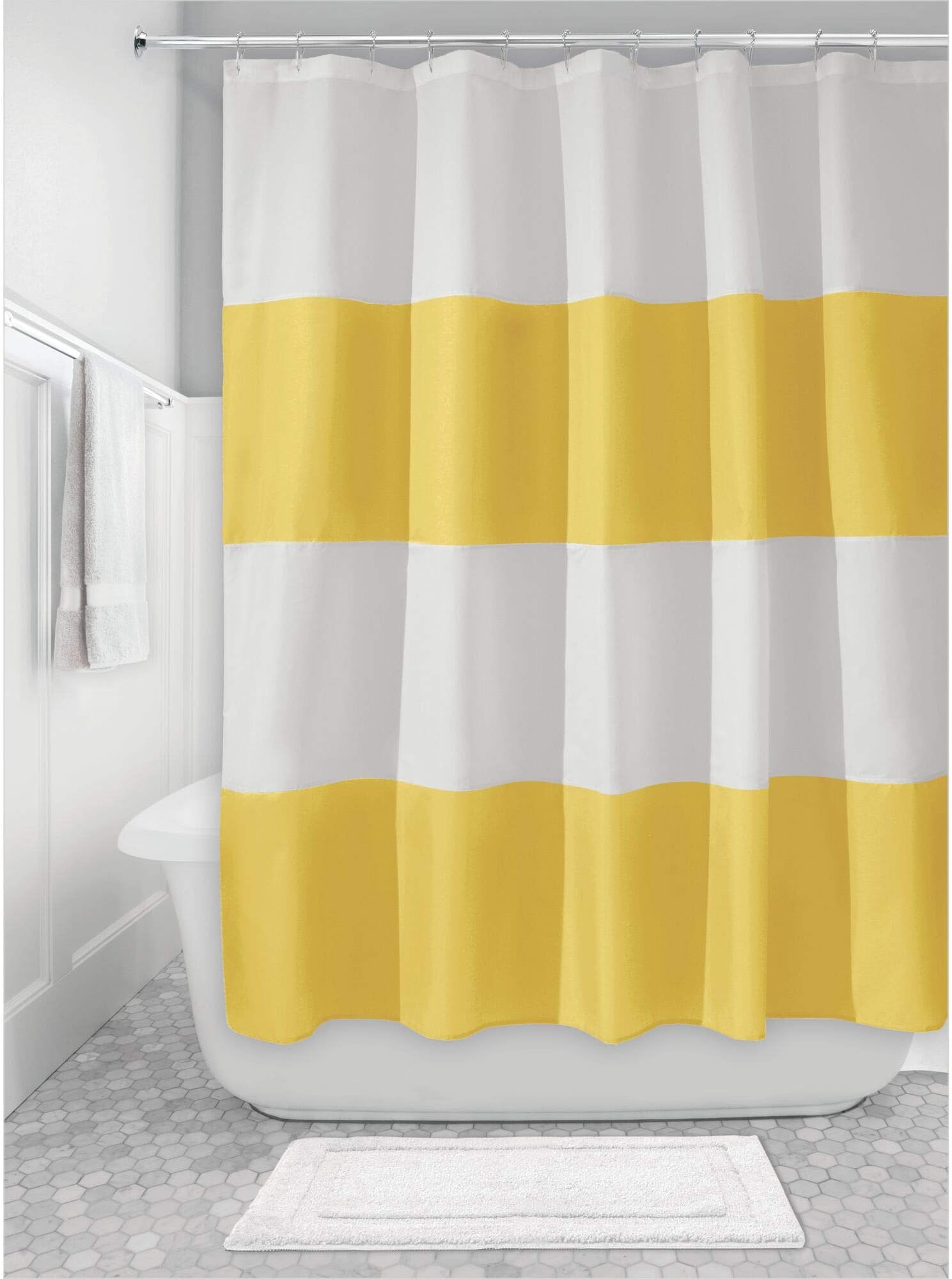 iDesign Zeno Fabric Shower Curtain, Long Polyester Shower Screen with Block-Colour Pattern Design, Yellow/White