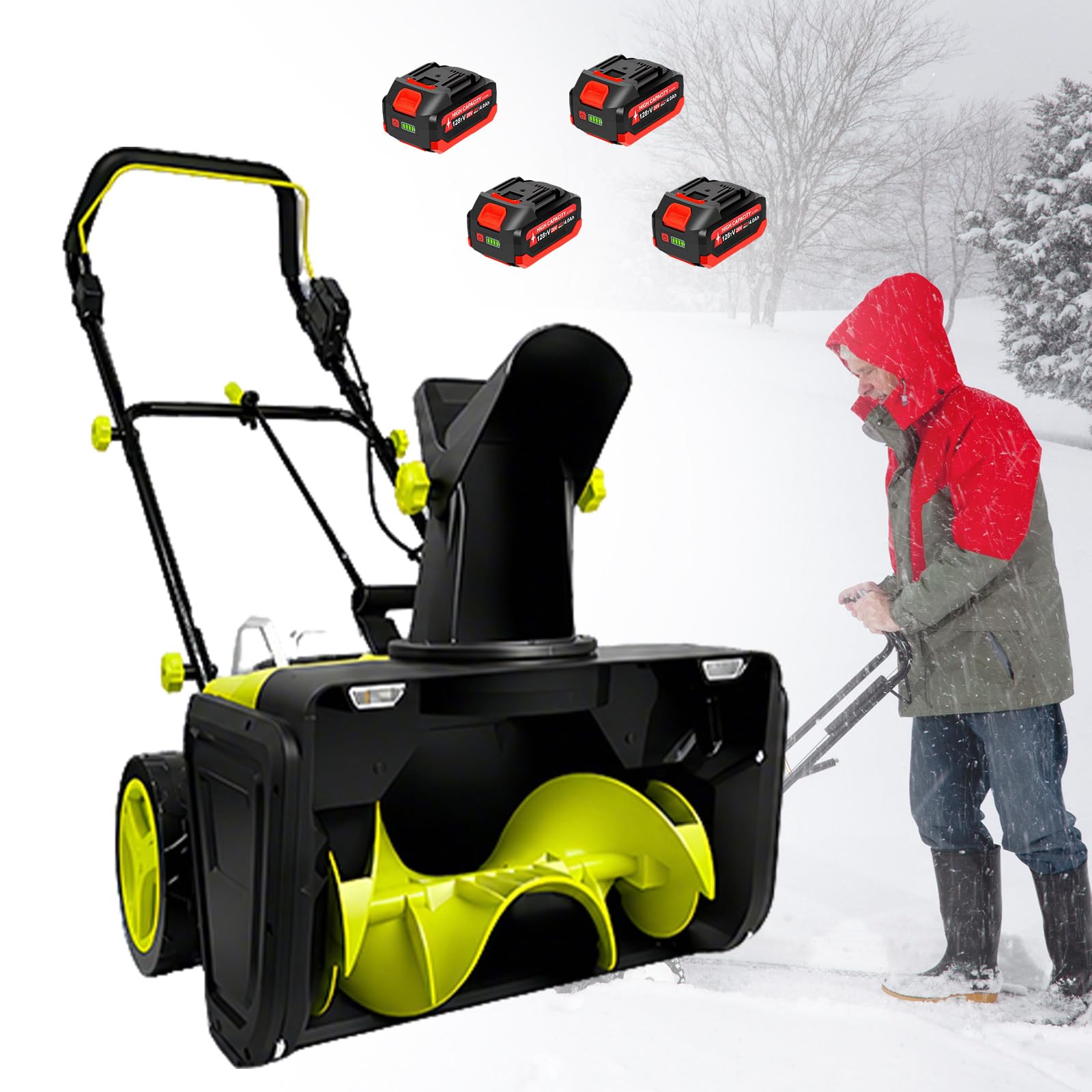 Terrazza e Sentieri del Giardino, Spazzaneve a Batteria 40V, Pala da Neve Elettrica Brushless con 50cm Passaggio, 25cm profondità e 7,6m Getto Neve,Attivazione in Due Fasi 4Batteries