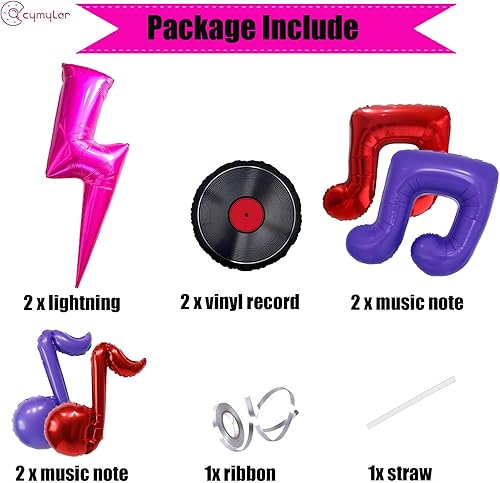 Miniatura 6 de 8 globos de disco de vinilo y relámpagos  Decoraciones de fiesta de discoteca de los años 80  Globos de música de disco rosa intenso y negro