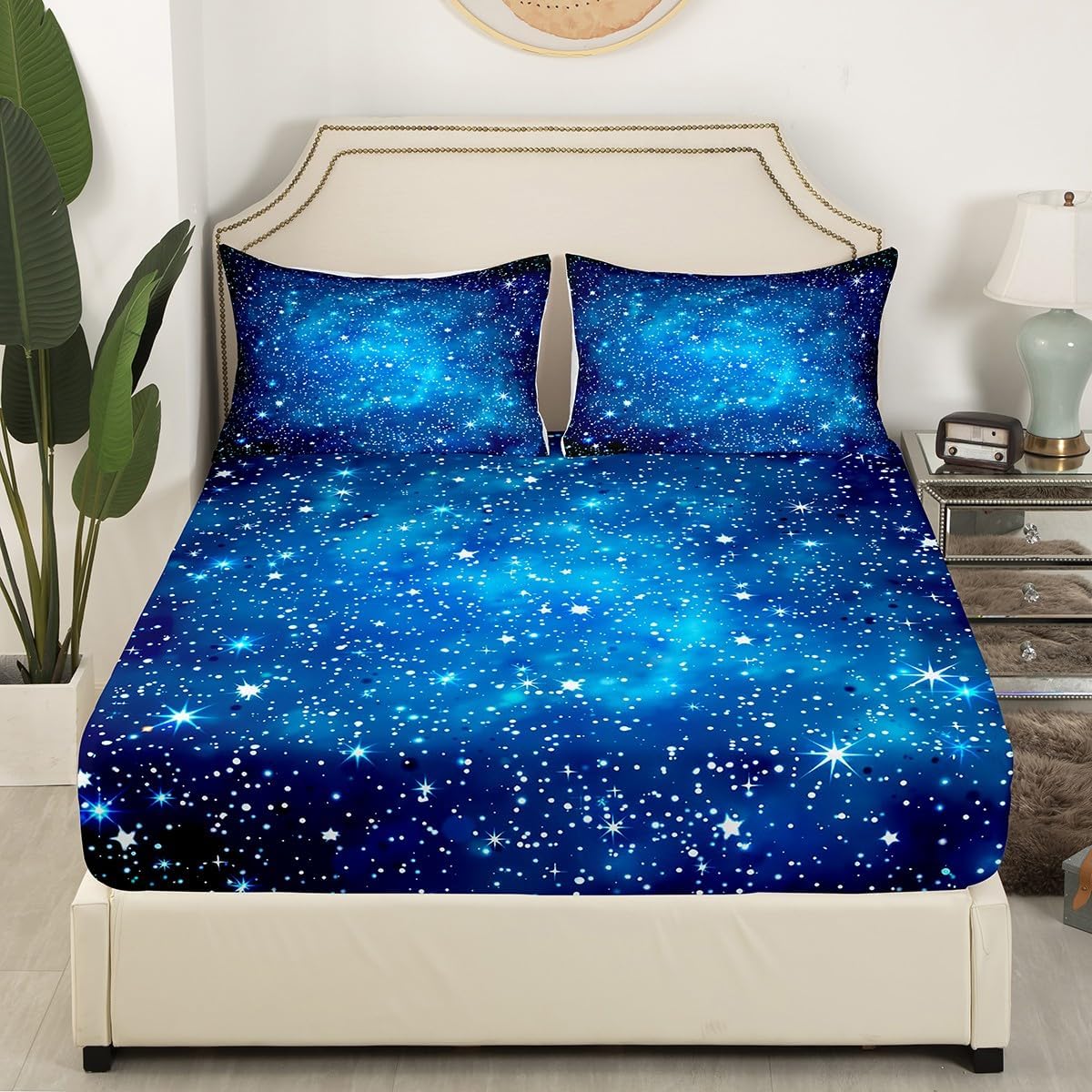 Galaxy Sheet Set Outer Space Sheets with Deep Pocket Fitted Sheet for 3D Printed Space Bed Sheets Set Space Outer Sky Blue Glitter Universe Galaxy Bedding Set Room Decor 4Pcs With 2 Pillow Queen Size