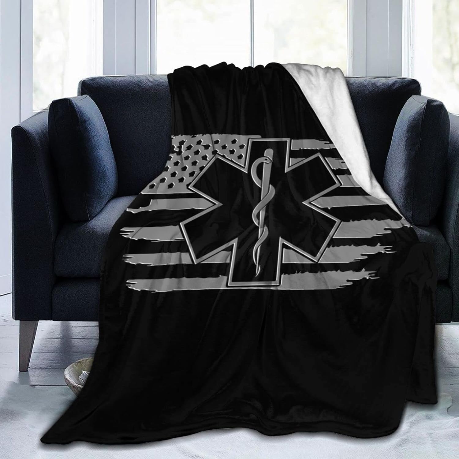 American Flag EMS Star of Life EMT Paramedic Blanket Throw Soft Lightweight Flannel