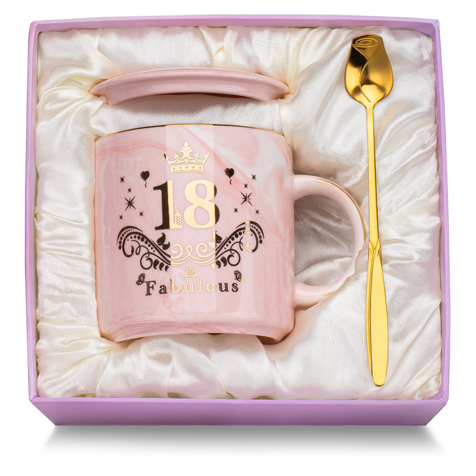 Taza de Cerámica Rosa para Chicas de 18 Años - Regalo Original con Tapa, Cuchara y Caja de Regalo - Ideal para Cumpleañ…