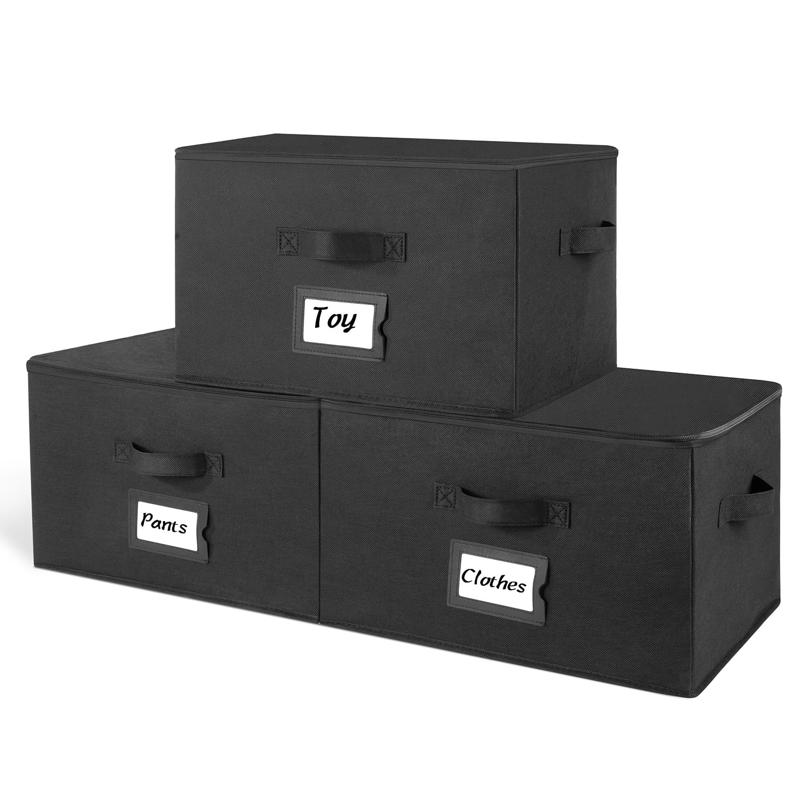 BrilliantJo Storage Boxes with Lids set of 3, Clothes Organiser with Label Holder & Double Zips 40x30x25cm Black — image 1