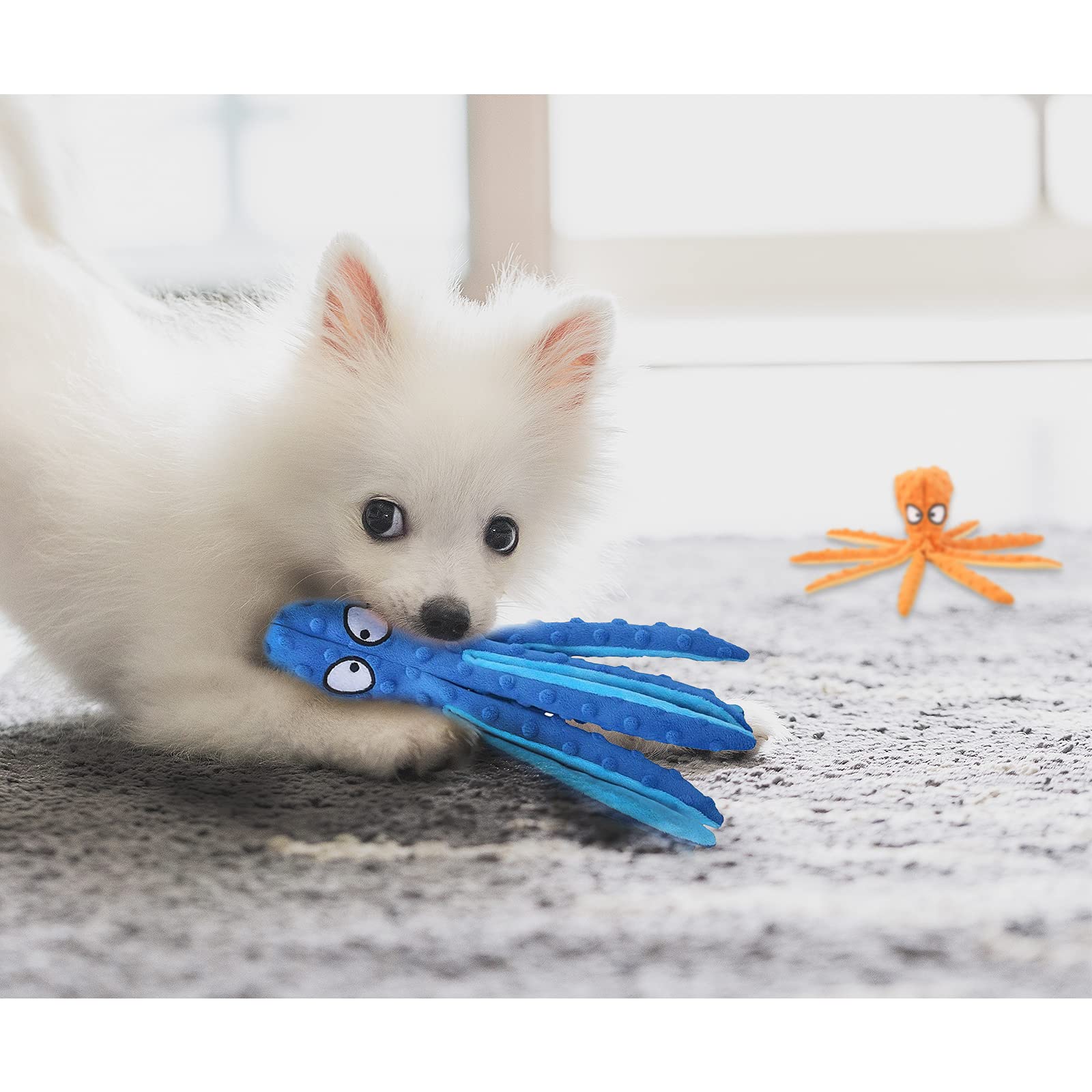 WishLotus Juguete masticable para perros pulpo, juguete chirriante para perros sin relleno con papel arrugado en las piernas, juguete interactivo de pana para perros pequeños, medianos (azul)