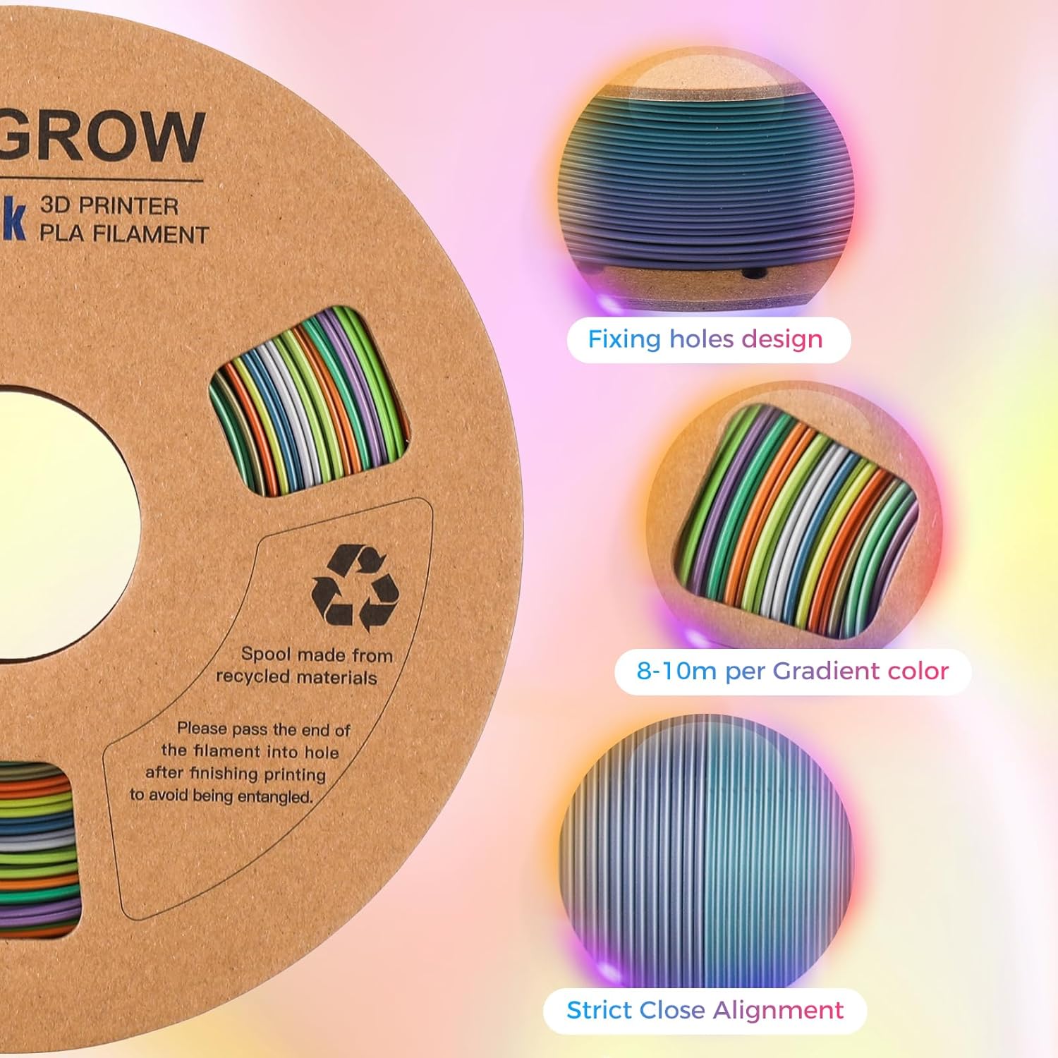 PLA 3D Printer Filament, 3D Printer PLA Filament 1.75mm 1KG Spool PLA Rainbow and Rainbow Colors Silk PLA 3D Printer Filament 1KG