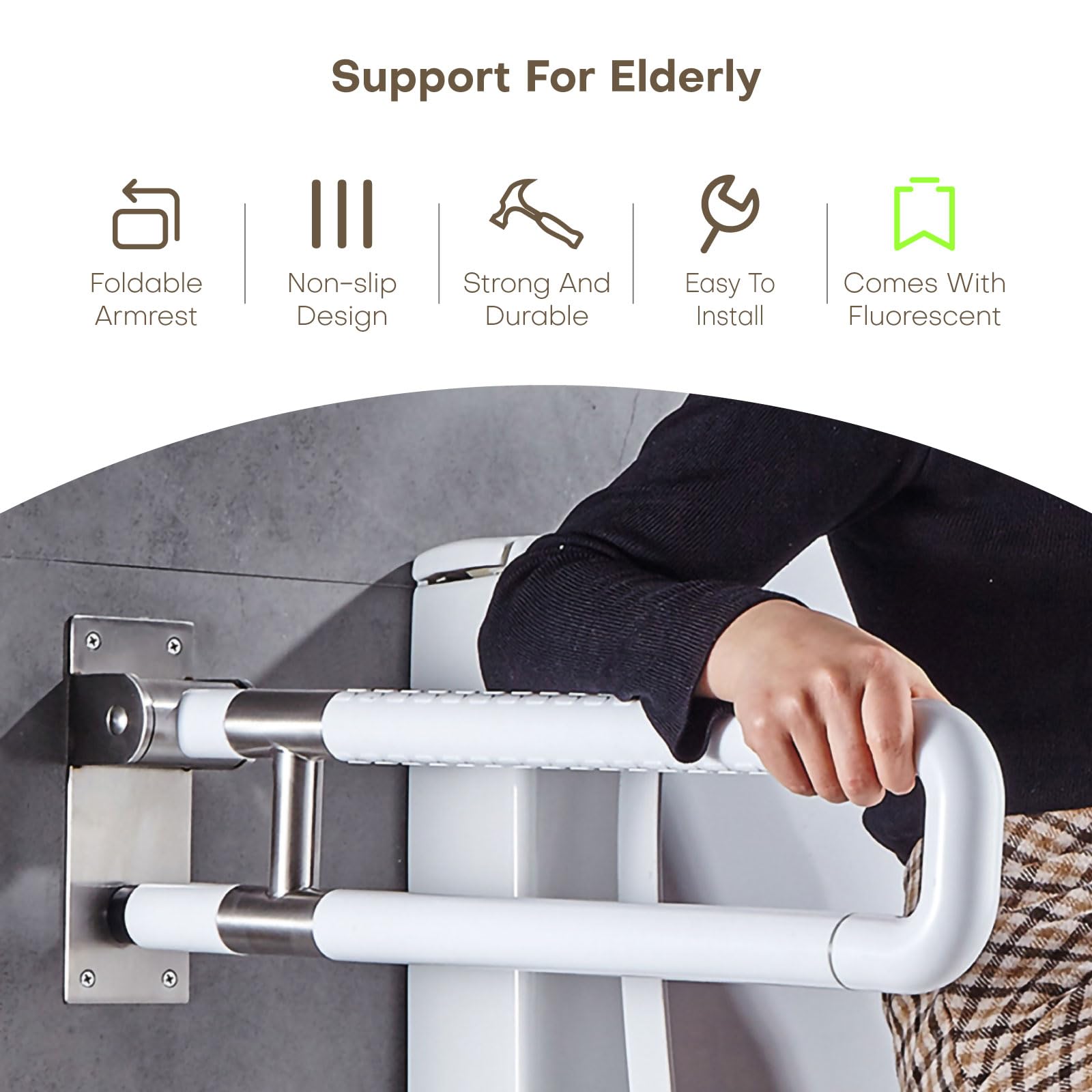 Barra de Apoyo para Inodoro Blanco, Barra Seguridad para Baño Acero Inoxidable Asidero Abatible 70cm Asa Antideslizante Manija de la Ducha Barras Sujeción 70cm/27.5in