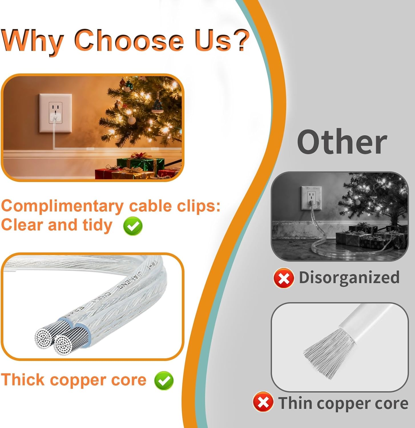 2 Pack 15 Ft Clear Extension Cord, UL-Certified Thin Extension Cord, 2 Prong Extension Cords, Male to Female Extension Cable 250V 10A, Indoor Extension Cords for Lighting