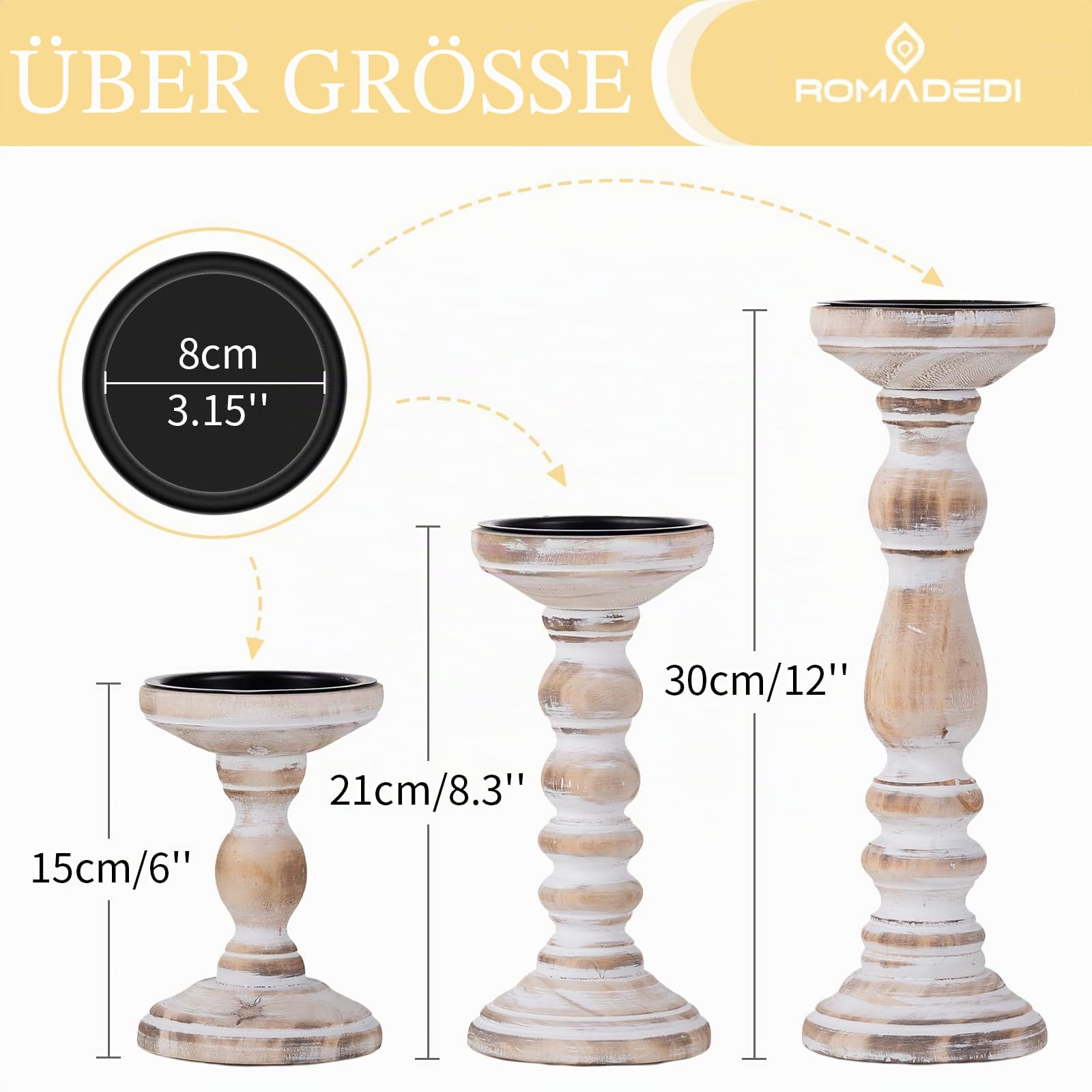 Romadedi Kerzenständer Holz für Stumpenkerzen, 3er-Set, Vintage Weiß | Drei Höhen: 15, 21 und 30 cm; Metall-Kerzenteller für Stumpenkerzen bis ca. Ø 7,6 cm; für Kaminsimse und Beistelltische