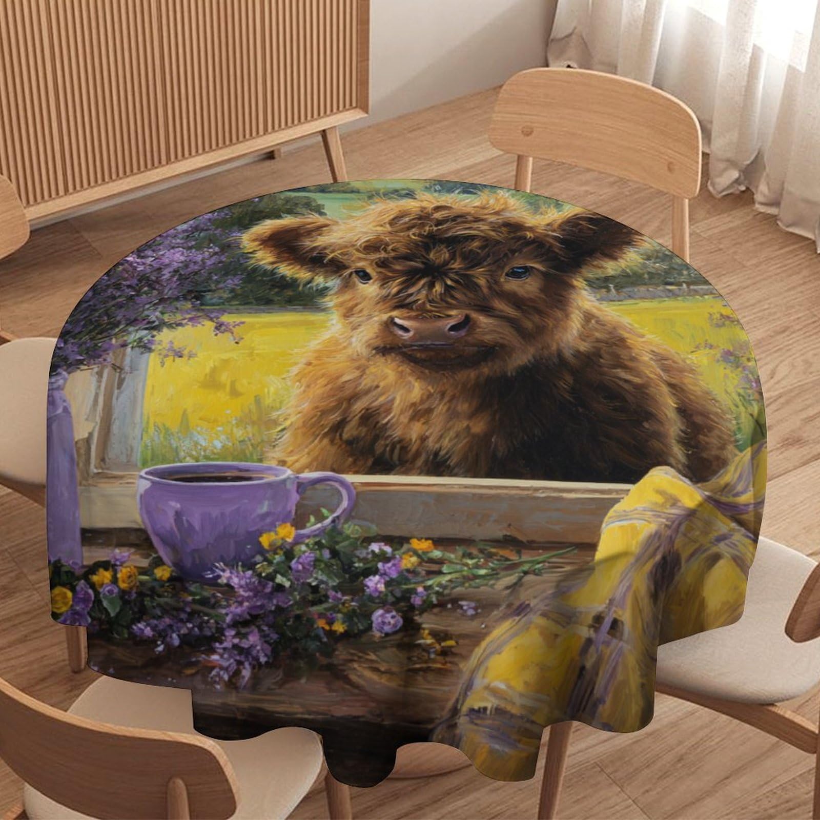 LUYYSKY Beautiful Colorful Highland Cow Round Tablecloth Modern Cute Farm Plants Flowers Animals Highland Cow Print Washable Decor for Table Cover for Kitchen-177.8" Wx177.8 L cm