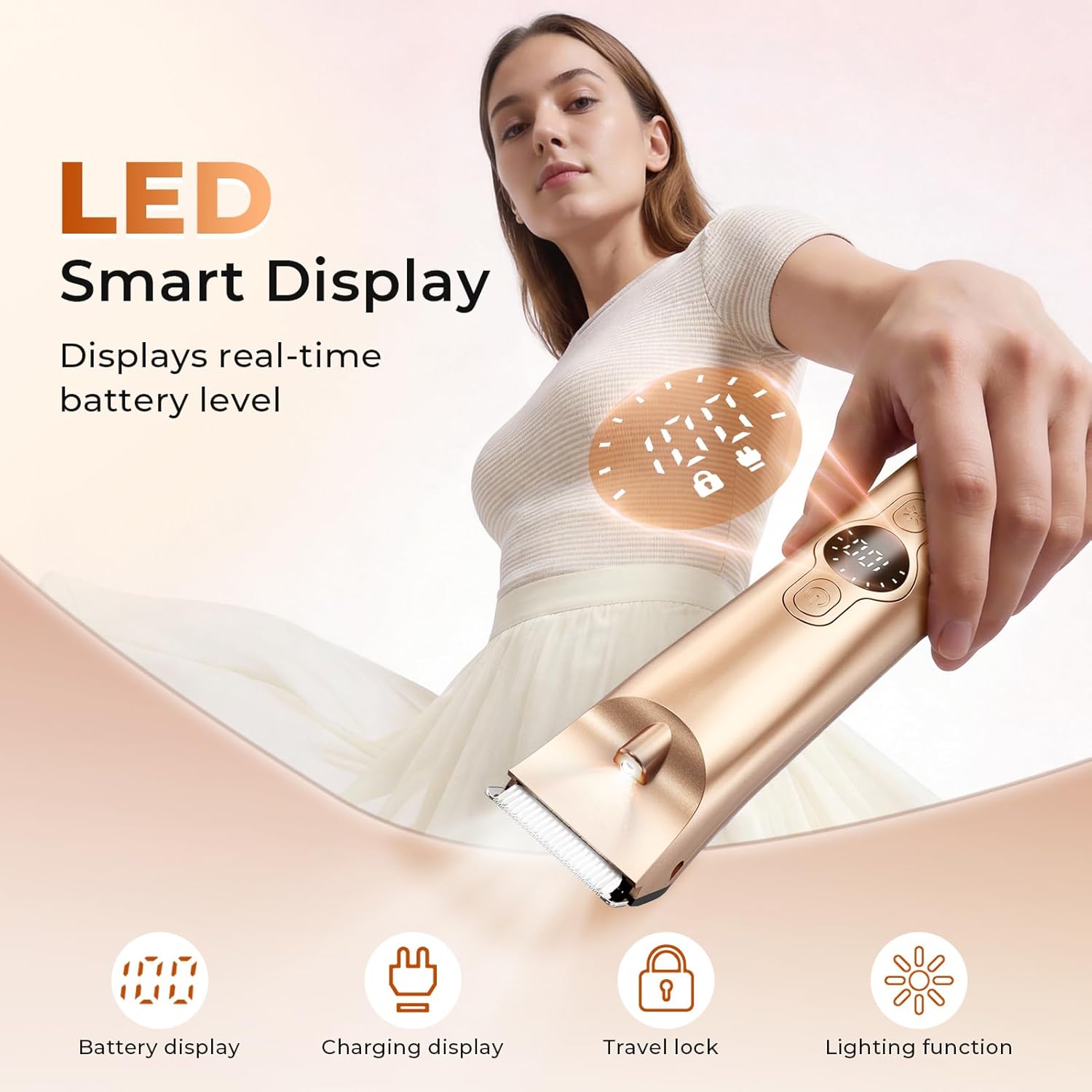 Bikini Trimmer for Women, 4 in 1 Cordless Shaver, IPX7 Waterproof Hair Trimmer with LED Display, Portable Electric Razors for Women Pubic Hair, Face, Leg, Underarms, USB Charge, Gold