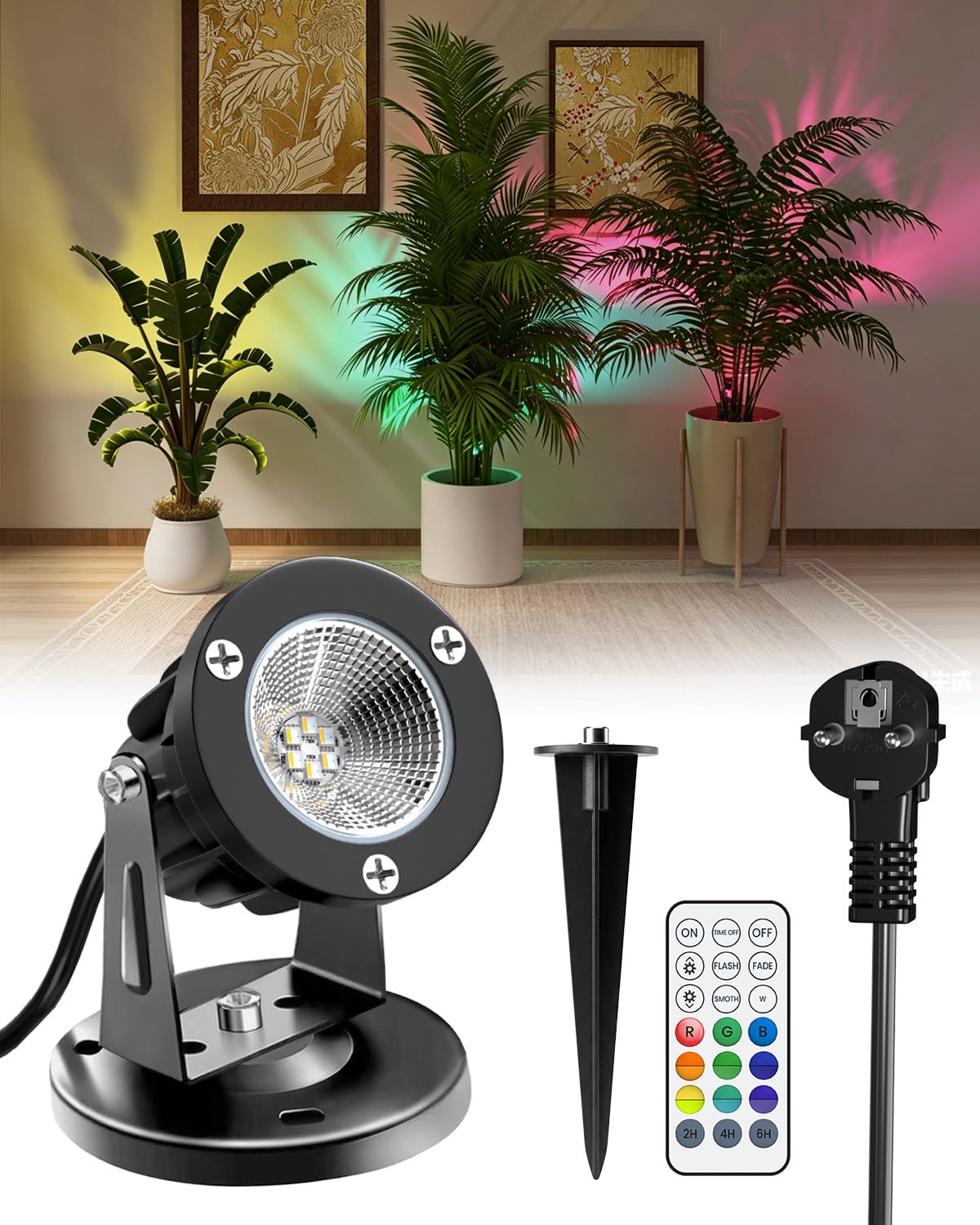 RGB LED Spot avec Télécommande, IP65 Spot LED Extérieur et Intérieur, Lampe Projecteur à Couleurs Changeantes pour Plantes avec Base et Piquet, 1,78m Câble avec Fiche, 6W