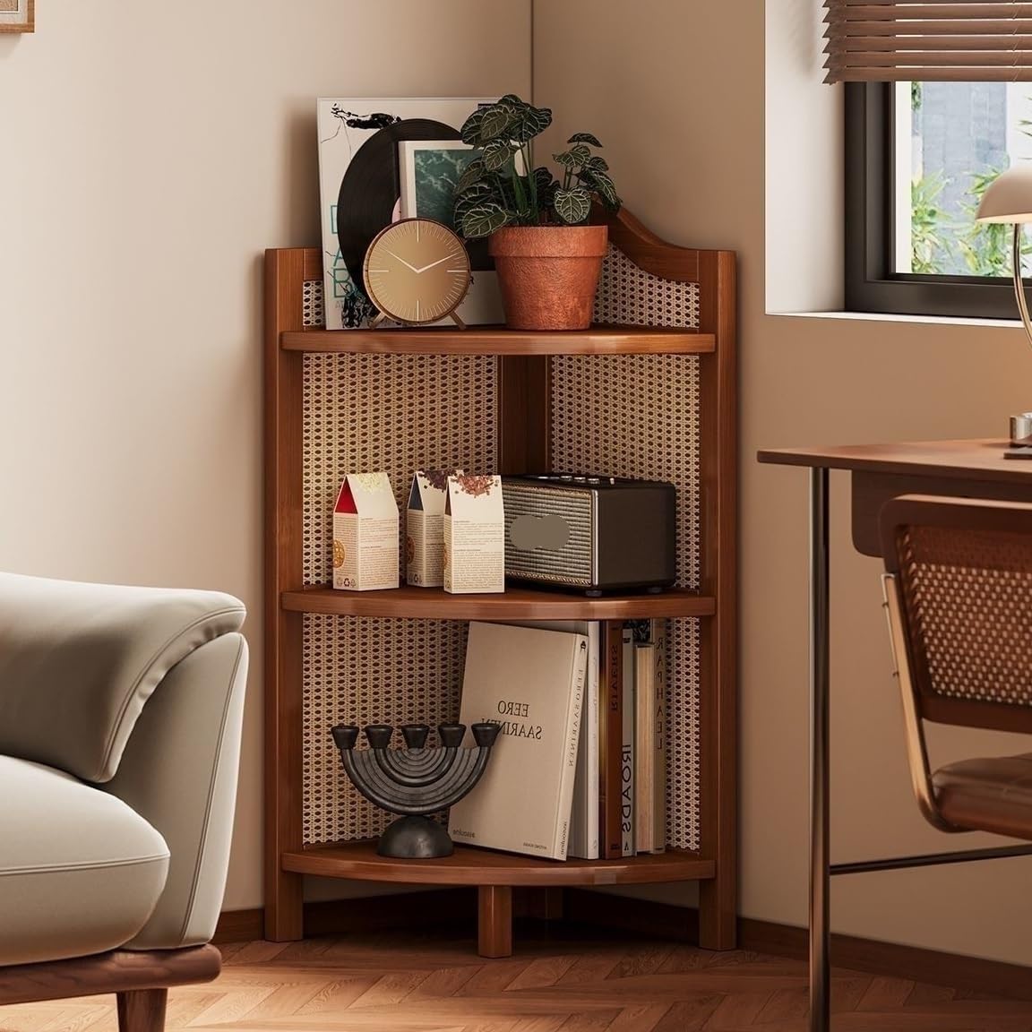 Rattan Corner Shelf Organizer - 3/4/5-Tier Narrow Freestanding Wood Display Shelf, Open Shelves with Recessed Triangular Base for Living Room, Bedroom, and Office Storage