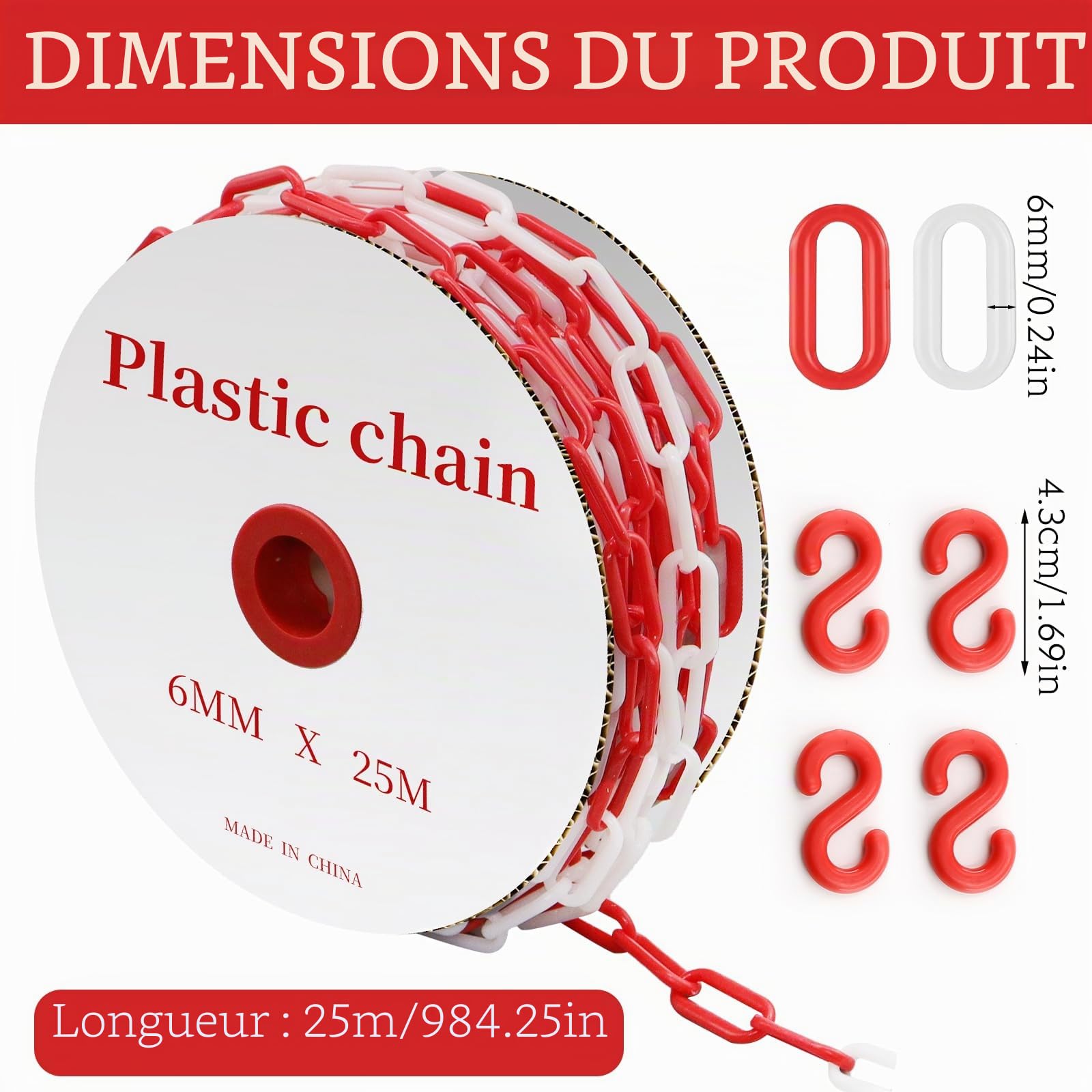 Chaîne Plastique Rouge et Blanche 25m, 6mm Chaine de Barrage Avec 4 Crochets en S, Chaine de Signalisation Pour Chantiers, Parkings et Lieux d’événements