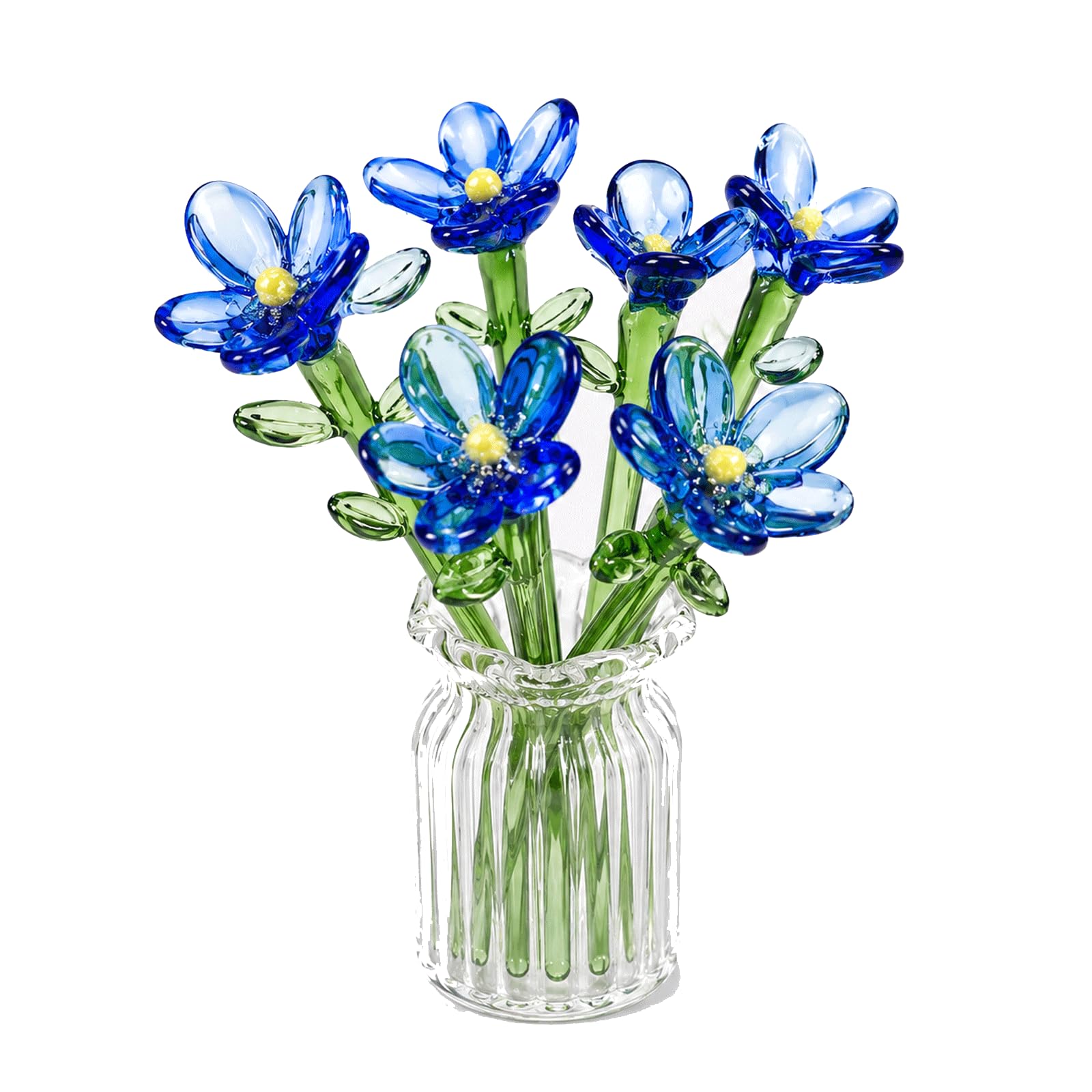 8Pcs Mini Glass Flowers in Vase, Hand Blown Glass Artificial Flower Bouquet Set, Cute Small Wildflower with Stems, Miniature Decor for Spring Table Ornament, Gift for Women Girl (Blue)