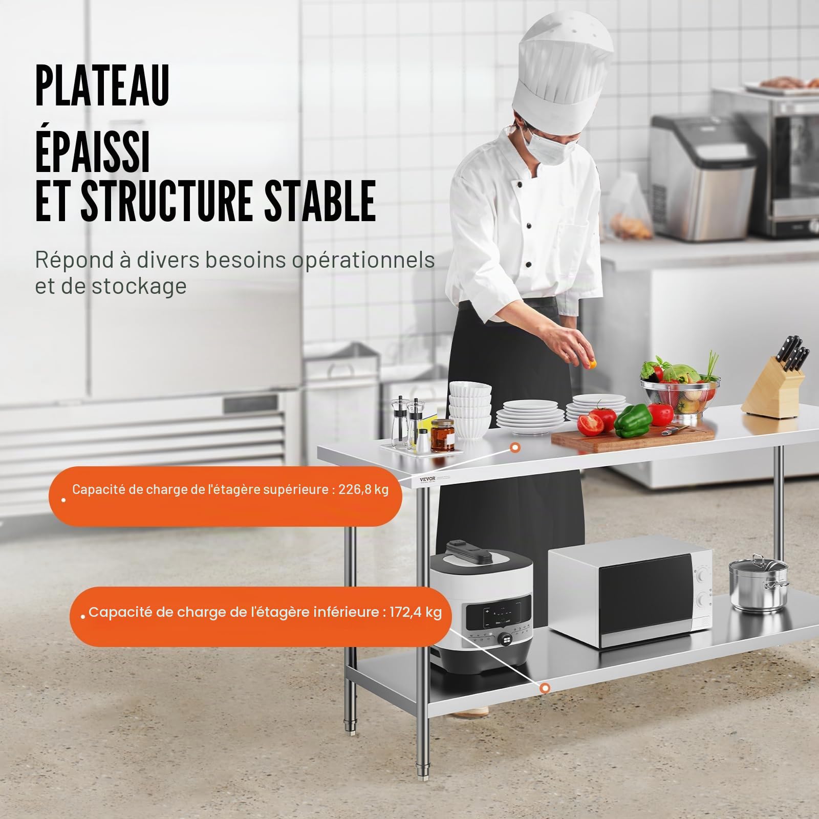 VEVOR Table de Travail en Acier Inoxydable 61x182,9x86,4 cm, Table de Préparation des Aliments Charge 399 kg, 3 Niveaux de Hauteur Réglables, Meuble de Rangement des Aliments, pour Cuisine Restaurant