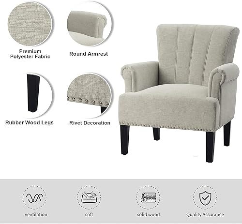 Miniatura 5 de Henf Silla Accent con remaches de poliéster, silla de sala de estar, sofá individual, silla de barril con patas de madera de goma, silla tapizada