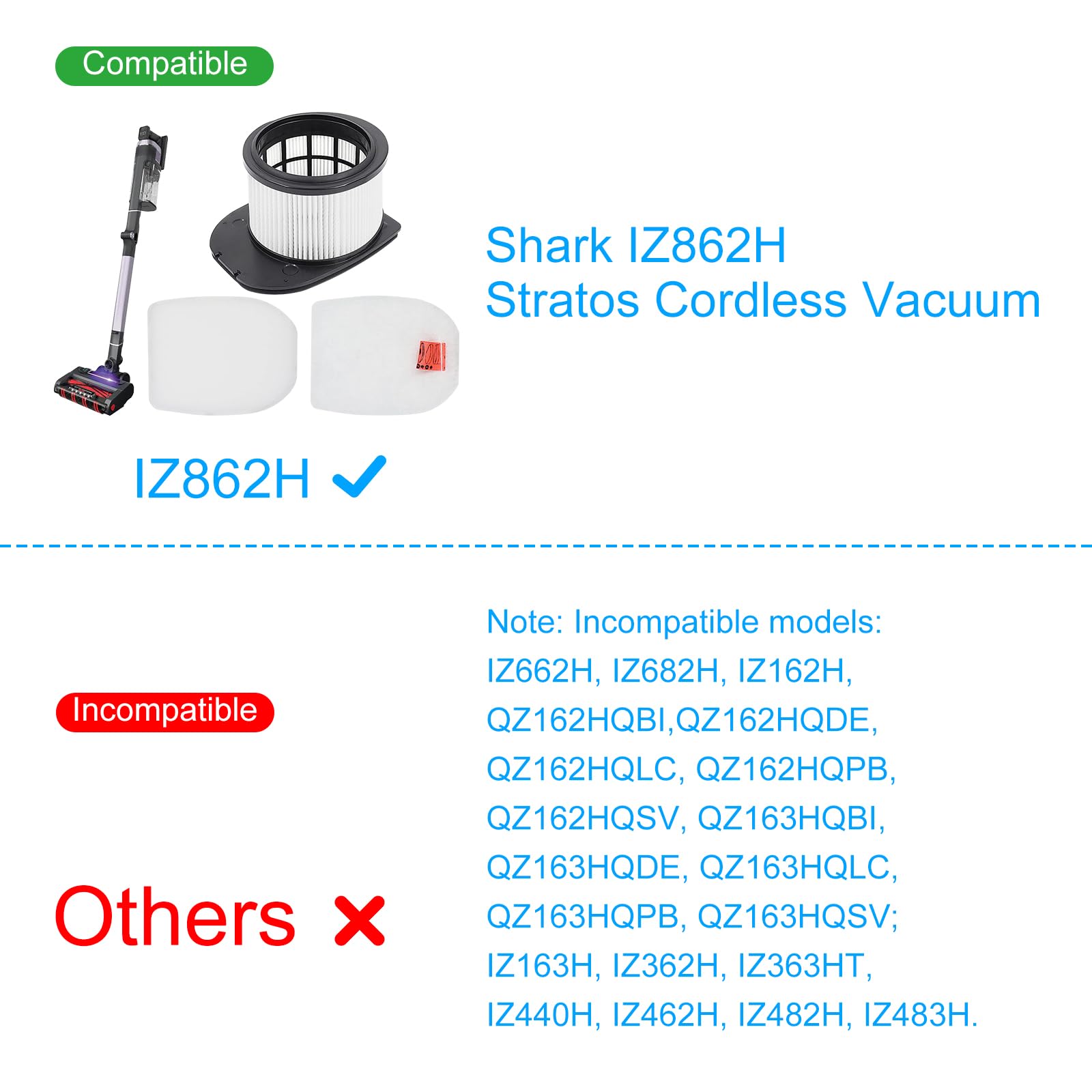 6 Pack Filter Replacement for Shark IZ862H Stratos Cordless Vacuum, Compatible with Shark IZ862H Upright Vacuum Include 2 HEPA + 2 Foam Filter + 2 Felt Filters Kit, White
