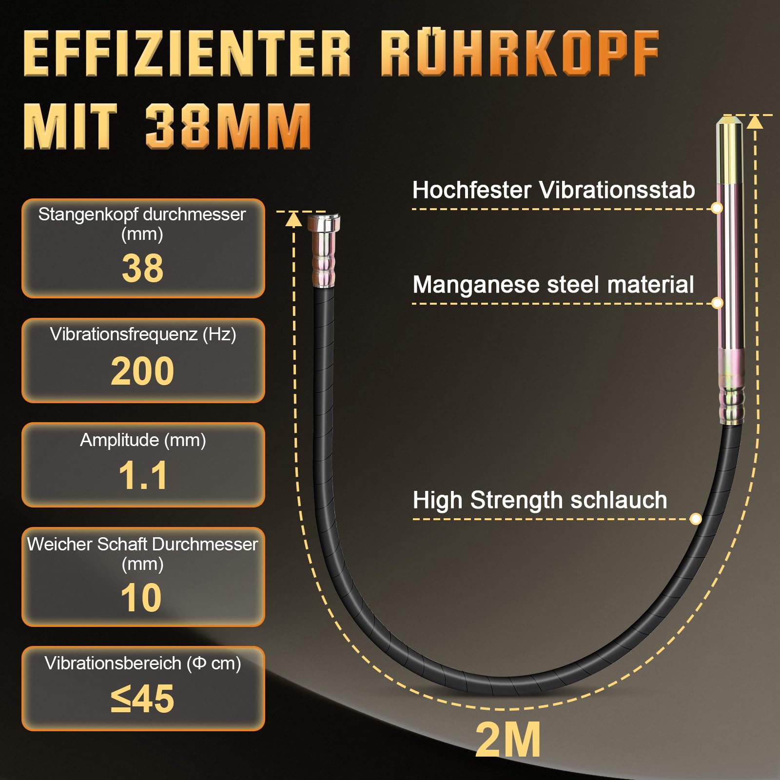 Betonrüttler 2100W mit 2m SCHLAUCHLÄNGE, 38 mm Flaschenrüttler | Elektro Betonverdichter, Beton Rüttelflasche, Rührwellendrehzahl 6800 U/min, Beton Rüttelflasche für Hausbau, Brückenbau