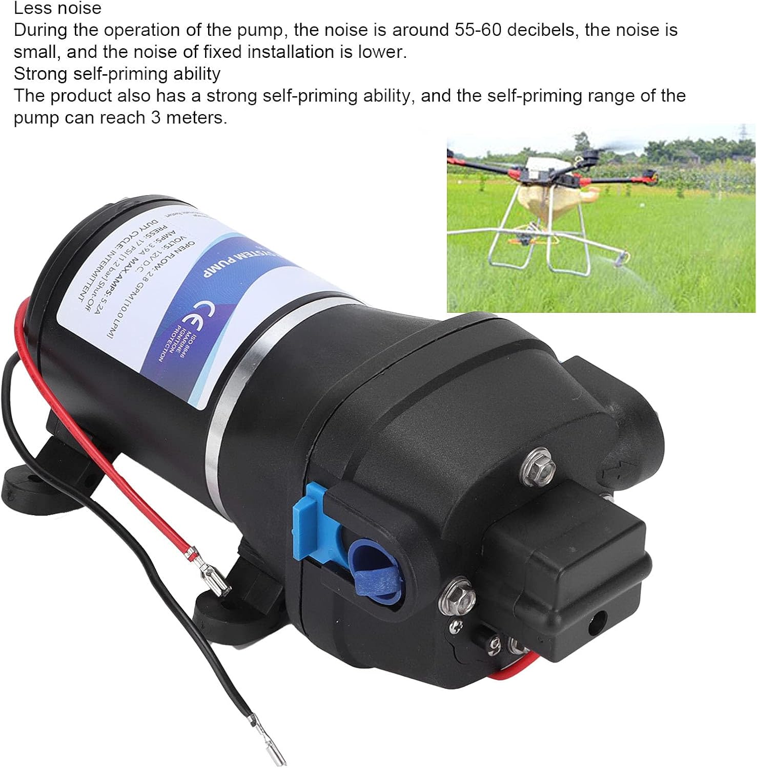 DC 12V Electric Water Pump, Self Priming Diaphragm Pump for RV Yacht High Pressure, Lift, Engineering Plastic Construction