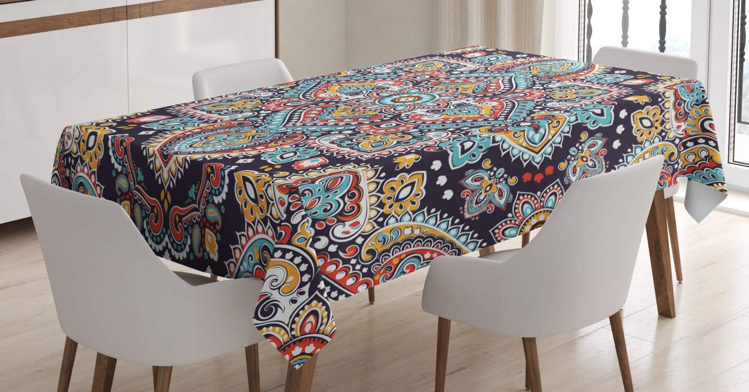 Ambesonne Ethnic Tablecloth, Bohemian Style Motif Vintage Oriental Inspired Traditional Art, Rectangular Table Cover for Dining Room Kitchen Decor, 60" X 90", Navy Teal 60" X 90" Navy Teal