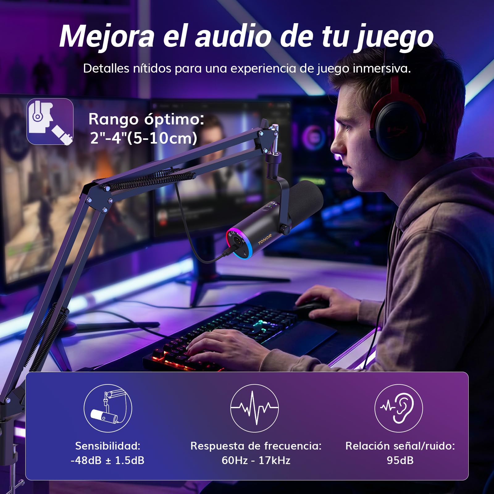 TONOR Microfono de Gaming Dinámico para PC, Micrófono Cardioide Streaming XLR/USB con Brazo para Podcast/Estudio, Cancelación de Ruido IA,RGB Controlable,Conector Auriculares 3,5 mm,Negro,TD510 AIR H+