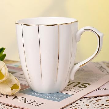 White Bone China Coffee Mugs Set of 2, 14oz Pumpkin Shape Cups with Handle | 400ml Porcelain Coffee Tea Mug with Gold Trim, for Tea Beer Cocoa Milk, Dishwasher & Microwave Safe