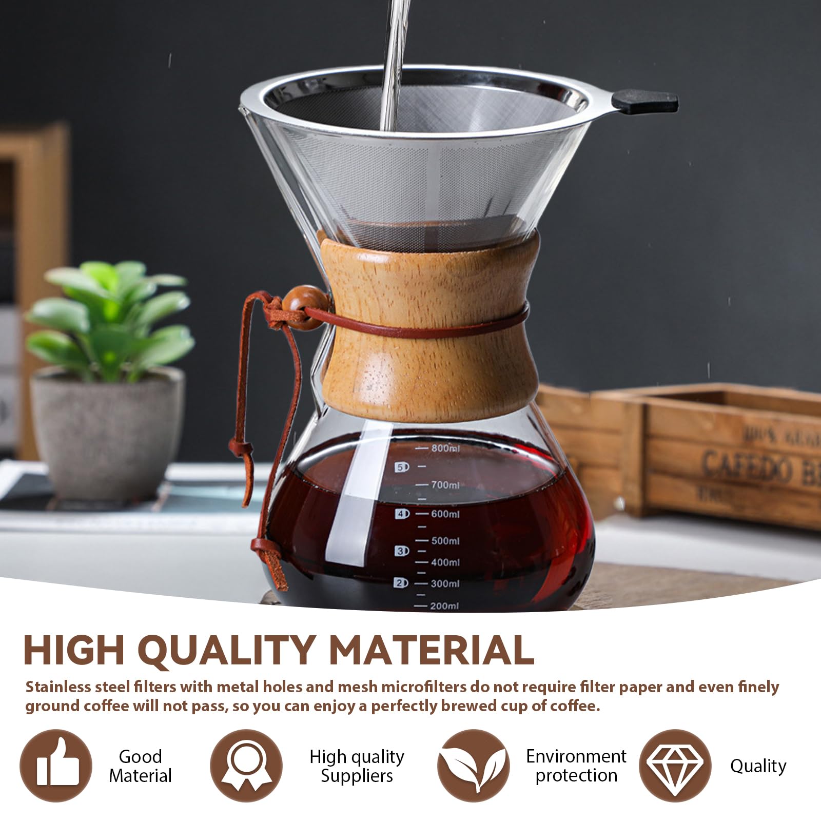 GOMETY Pour Over zaparzacz do kawy, 800 ml, filtr permanentny, zaparzacz do kawy, dzbanek borokrzemowy z dwuwarstwowym filtrem ze stali nierdzewnej, szklanka do warzenia kawy dla aromatycznej